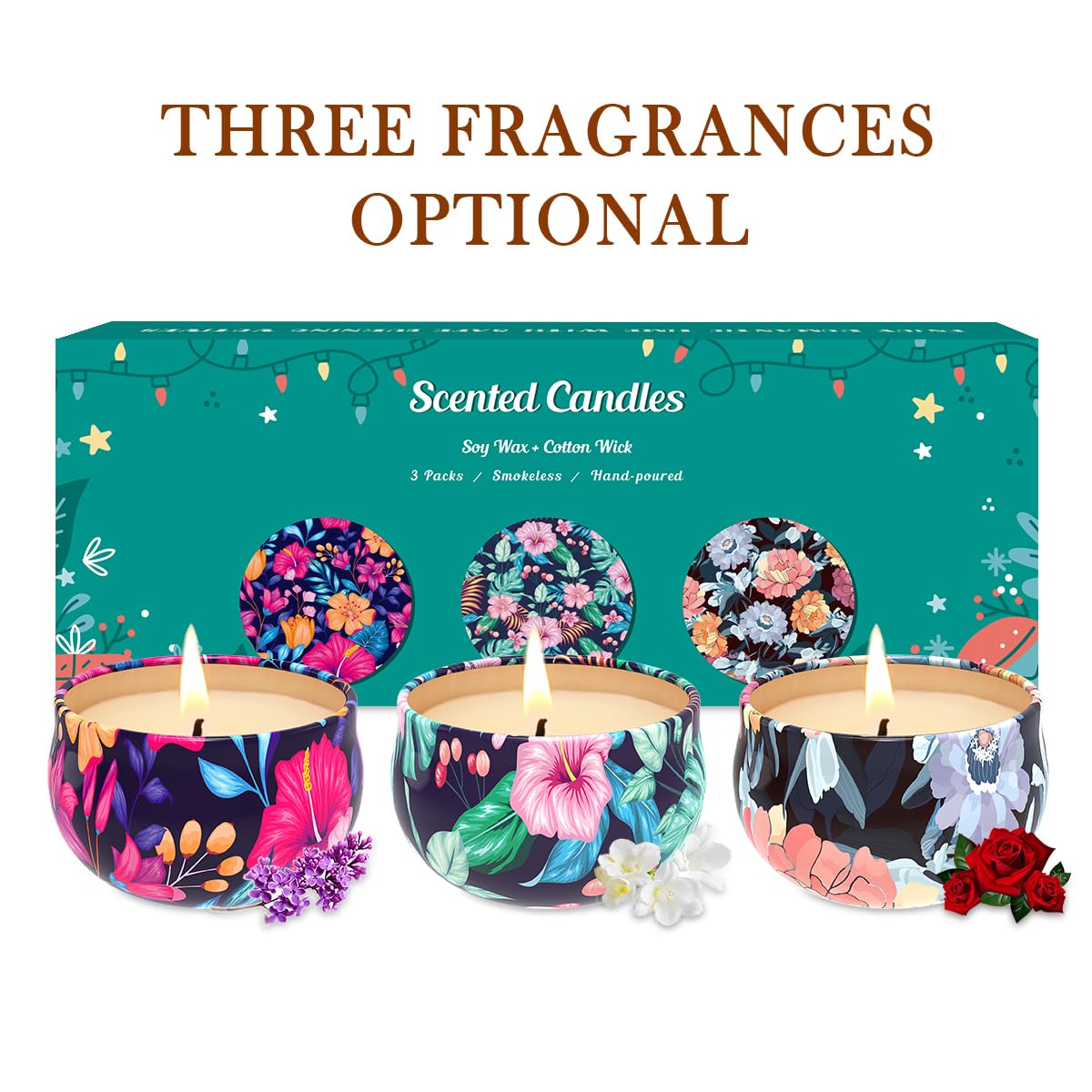 3 Pack Home Scented Candles - Strong Cloves, Roses & Freesias Candle, 2.5 Oz, 100% Soy, Non-Toxic, Small Candle Set for Aromathe
