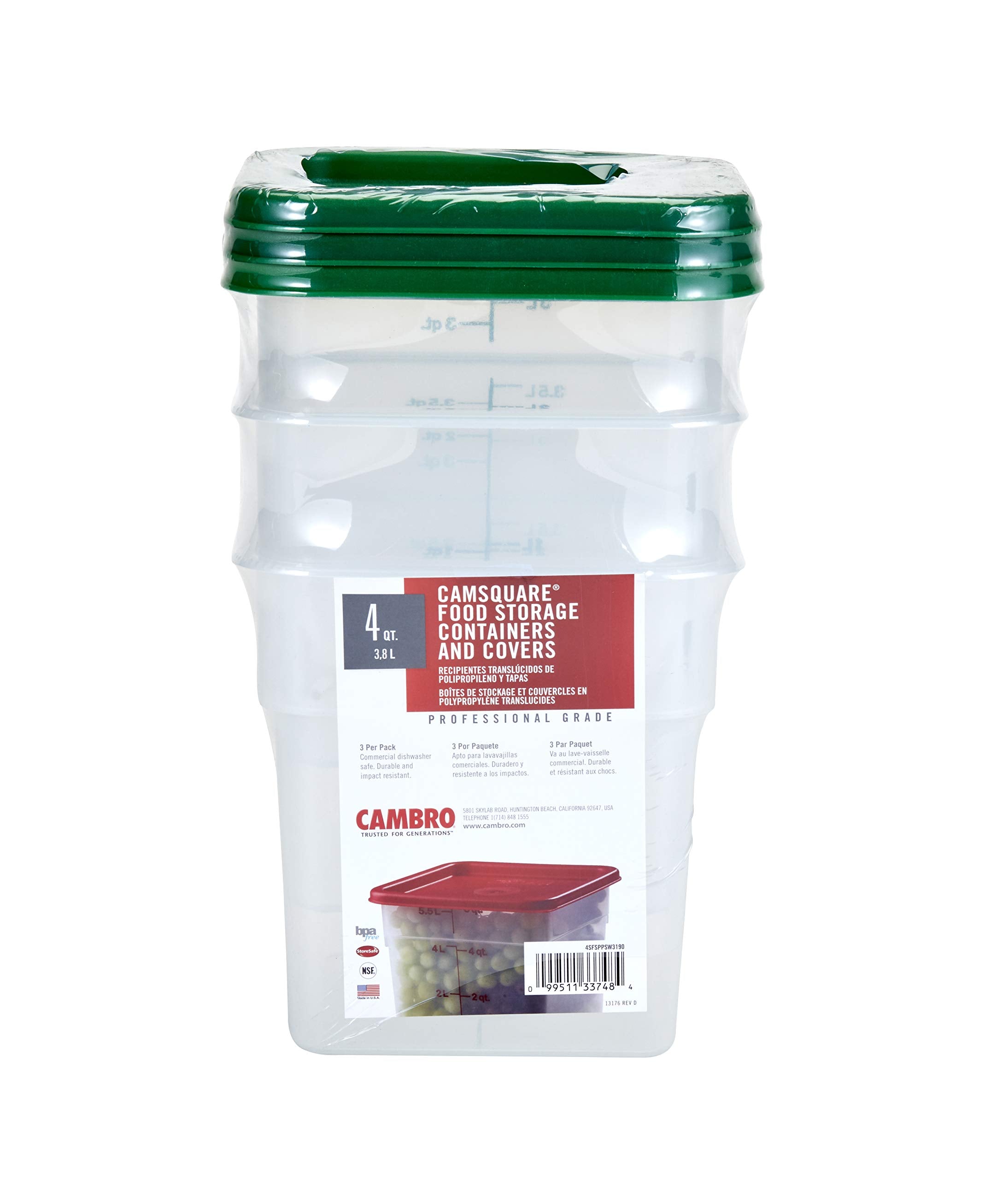 Cambro 4Sfsppsw3190 Set Of 3 Square Food Storage Containers With Lids, 4 Quart