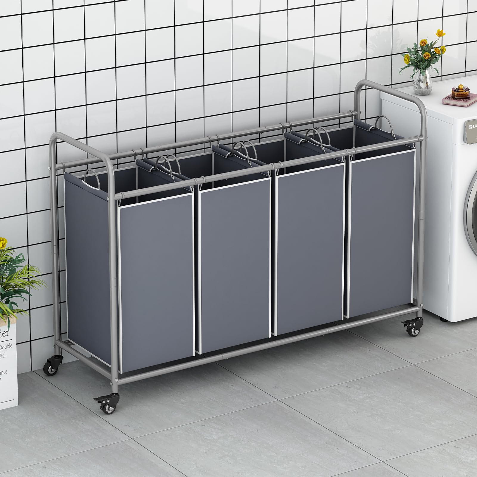 Linzinar 4 Bag Laundry Basket Sorter Laundry Hamper Cart With Heavy Duty Rolling Lockable Wheels And Removable Bags, Grey