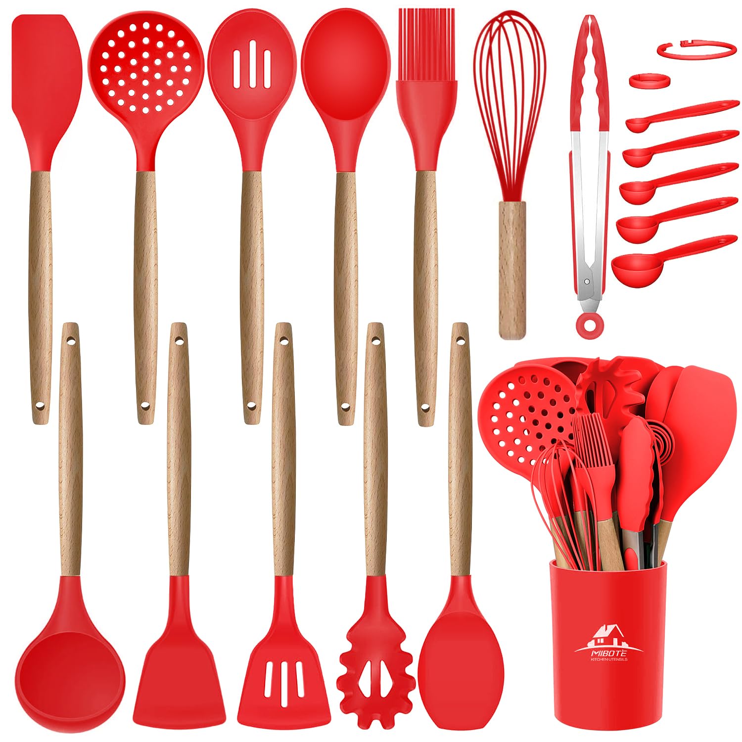 Mibote Silicone Cooking Utensils Kitchen Utensil Set - 446F Heat Resistant,Turner Tongs, Spatula, Spoon, Whisk, Wooden Handle Ki