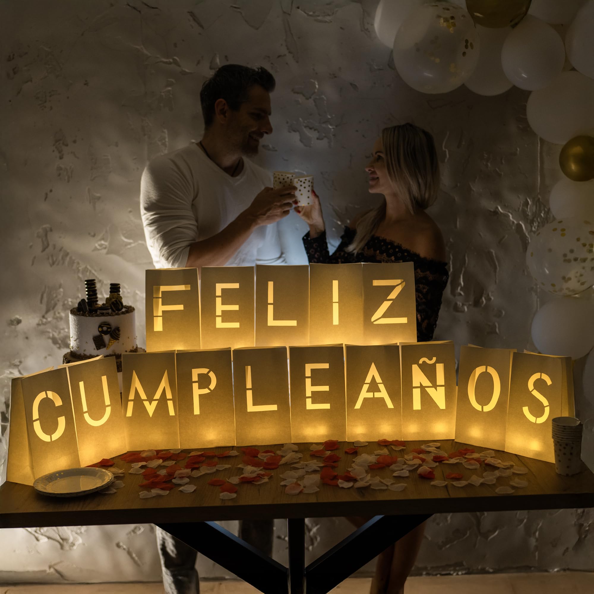 WYMM Feliz Cumpleaos Happy Birthday Light Up Letters in Spanish - Luminary Bags Happy Birthday Decorations with Tea Lights Candl
