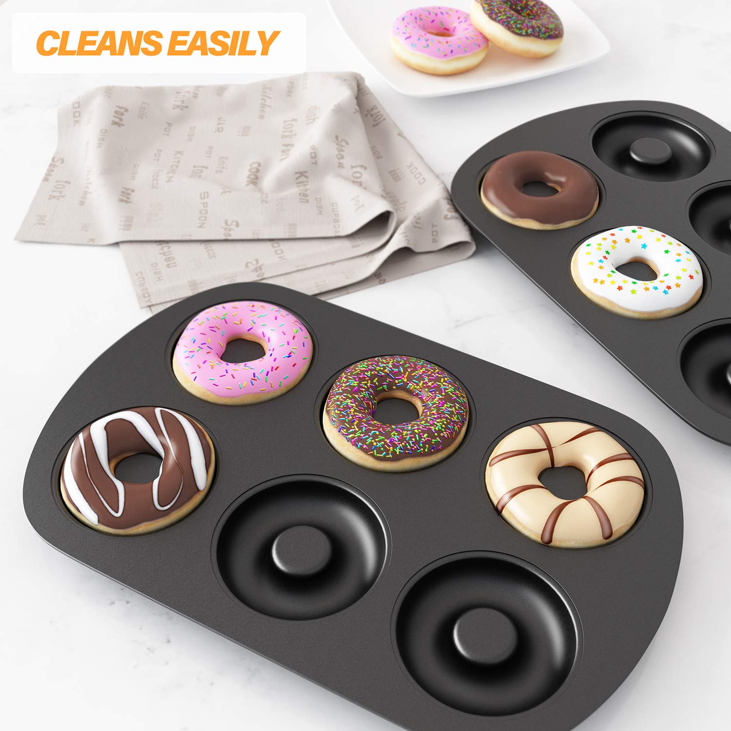 Tiawudi Non-Stick 6-Cavity Donut Baking Pans, Makes Individual Full-Sized 3 1/4'' Donuts, Set Of 3