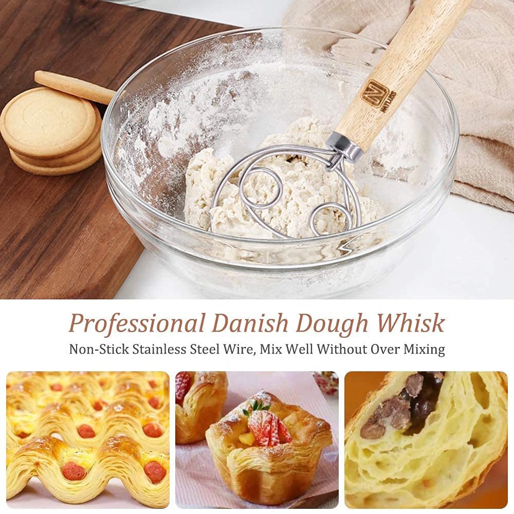 Natluss Original Danish Dough Whisk Dutch Style 13'' Stainless Steel Large Wooden Hand Dough Mixer Baking Tool For Bread, Batter