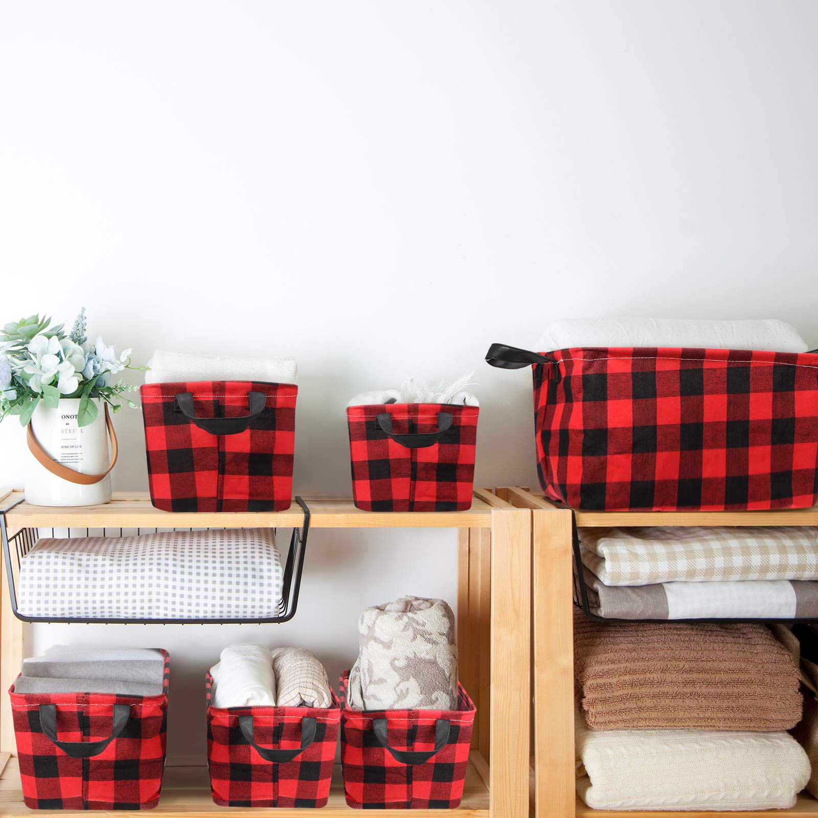 Boao 6 Pcs Buffalo Plaid Basket Square Storage Basket Buffalo Check Basket Bin Solid Storage Organizer With Handles Collapsible