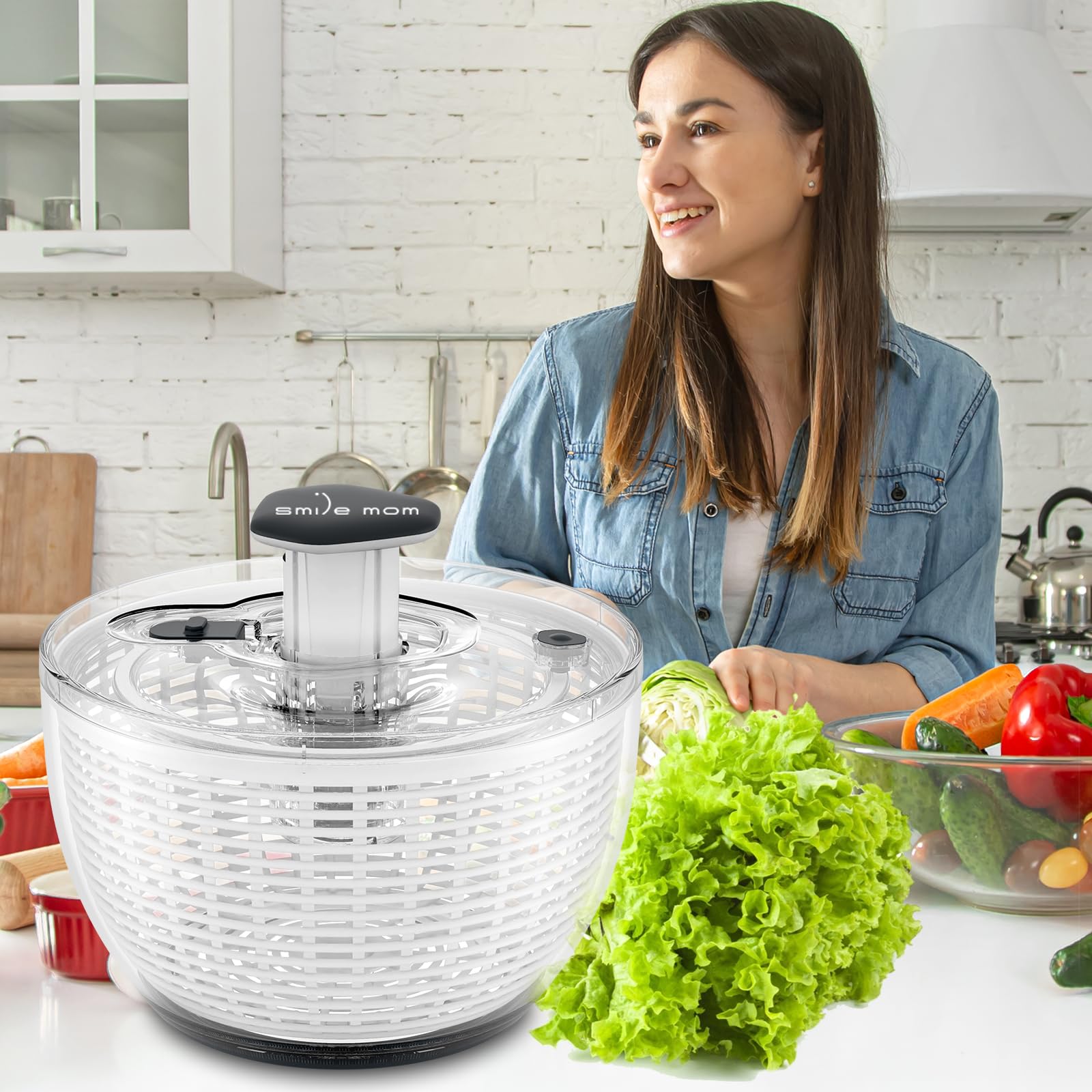 Smile Mom Salad Spinner Large Lettuce Spinner Kitchen Gadgets, Large Salad Spinner Vegetable Washer, High Efficiency For Kitchen