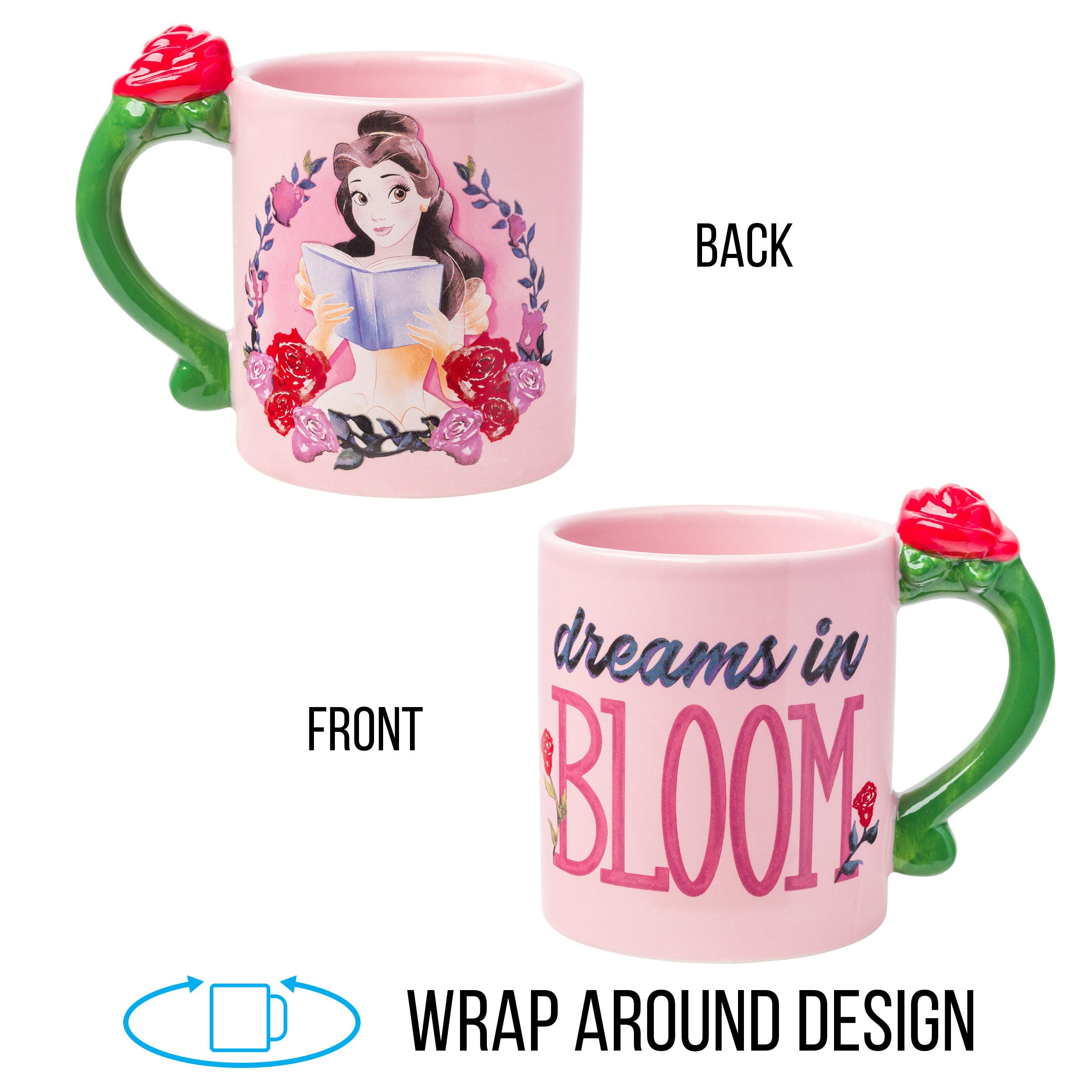 Silver Buffalo Disney Belle Dreams in Bloom Roses Shaped Handle Ceramic Mug, 20 Ounces