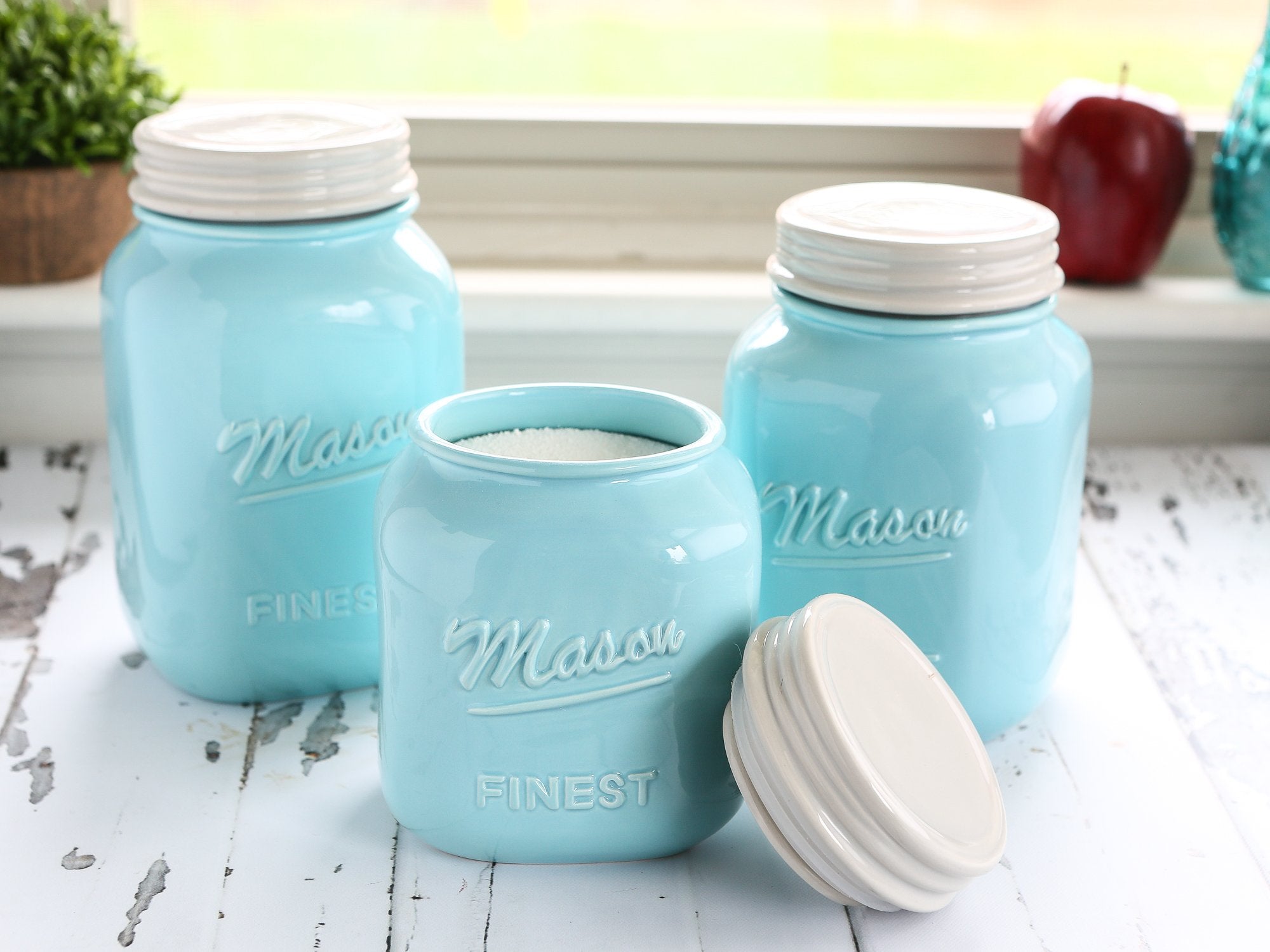 Sparrow Decor Mason Jar Kitchen Canister Set - Set Of 3 Kitchen Canisters - Large, Round Ceramic Sets For Vintage, Rustic, Or Fa