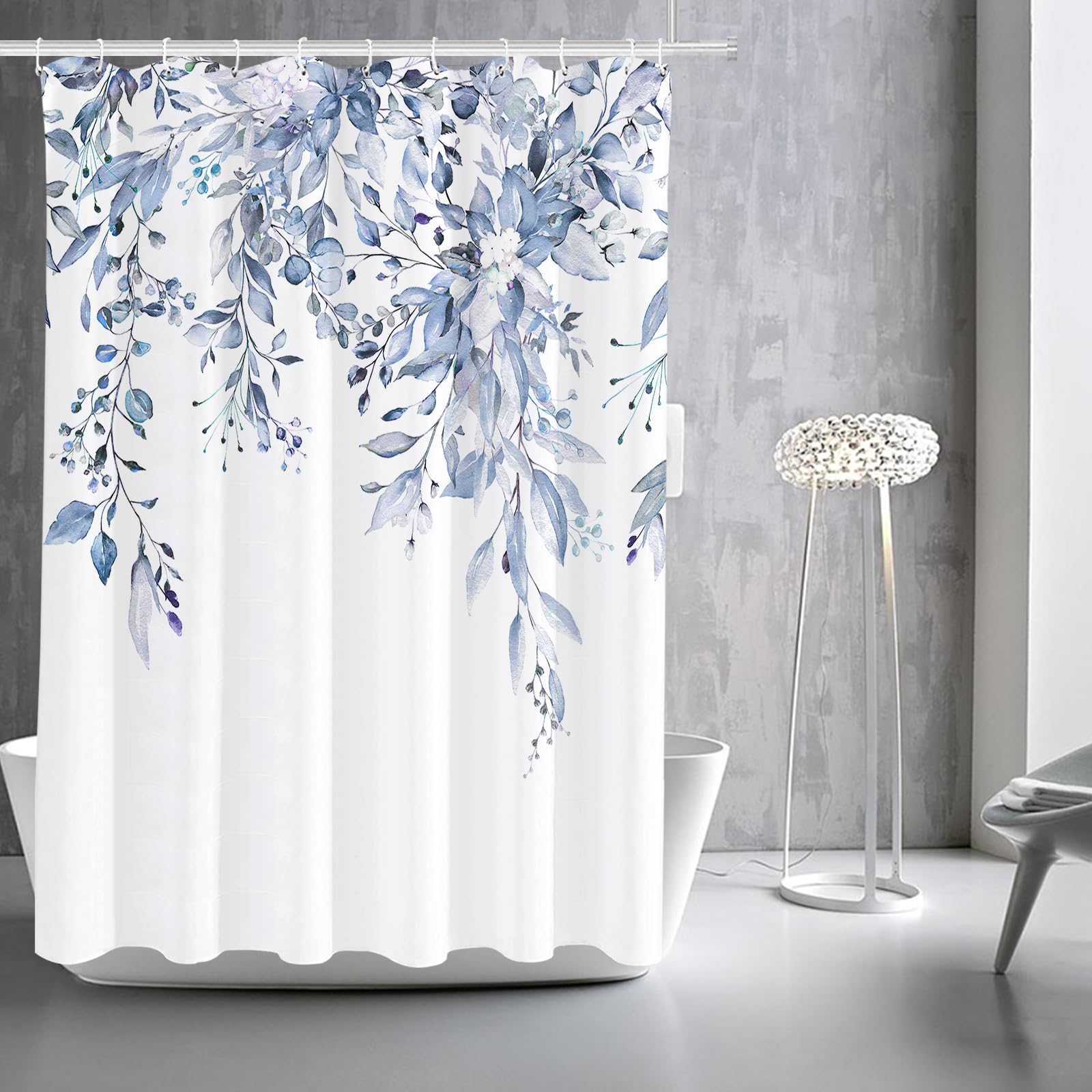Tititex Serenity Light Blue Eucalyptus Shower Curtain Sets, Bright Watercolor Leaves On The Top Plant With Floral Bathroom Decor