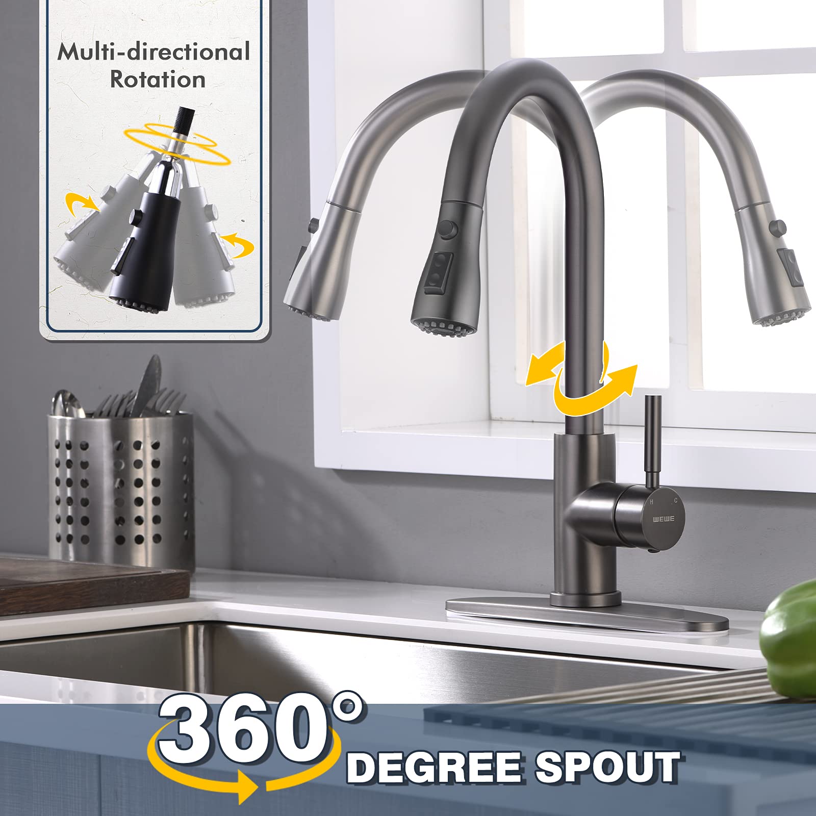Black Stainless Kitchen Faucet with Pull Down Sprayer WEWE  Single Handle Commercial Modern RV Laundry Stainless Steel Sink Faucet