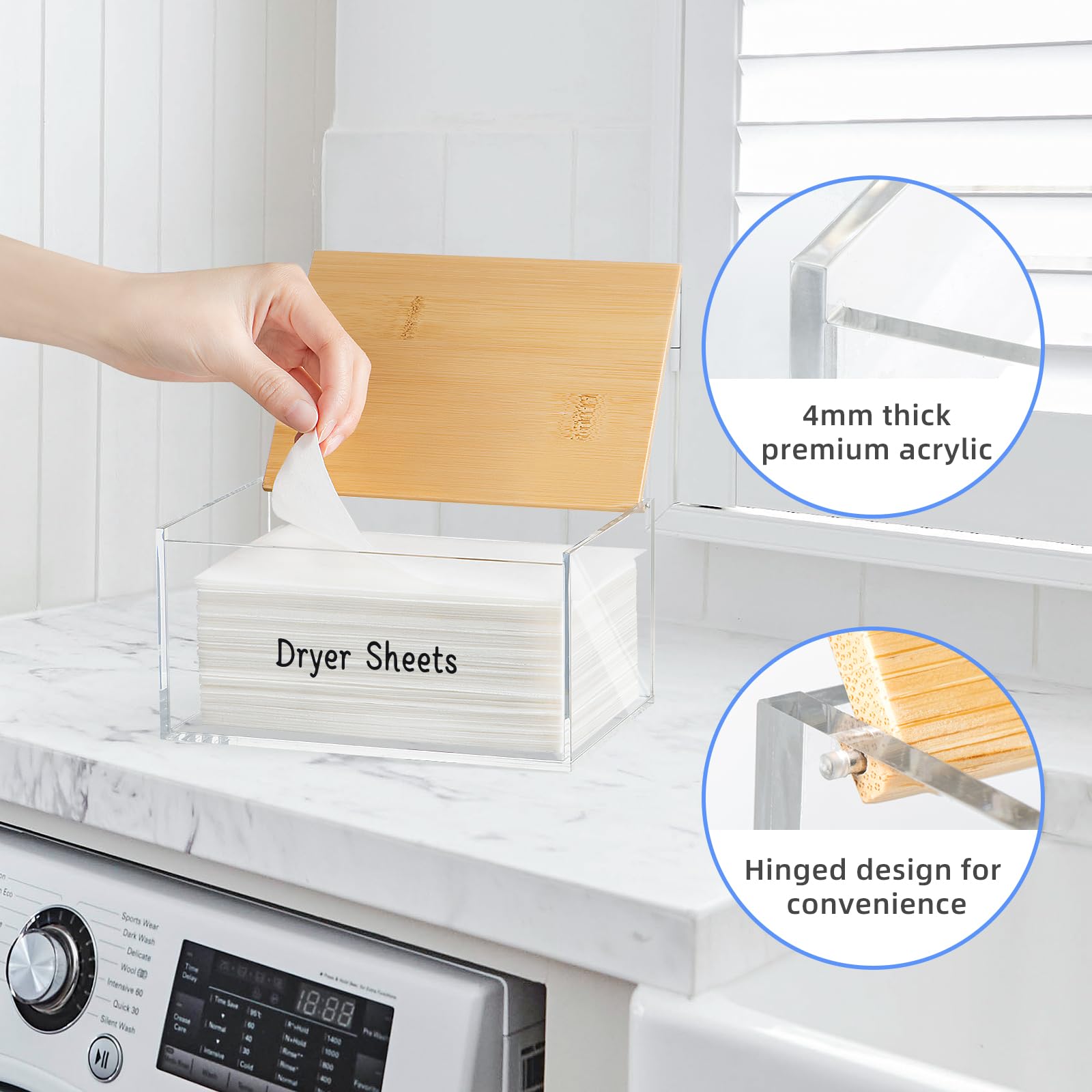 Dryer Sheet Holder, Acrylic Dryer Sheet Dispenser With Bamboo Lid, Acrylic Tissue Box, Dryer Sheet Container, Acrylic Dryer Shee