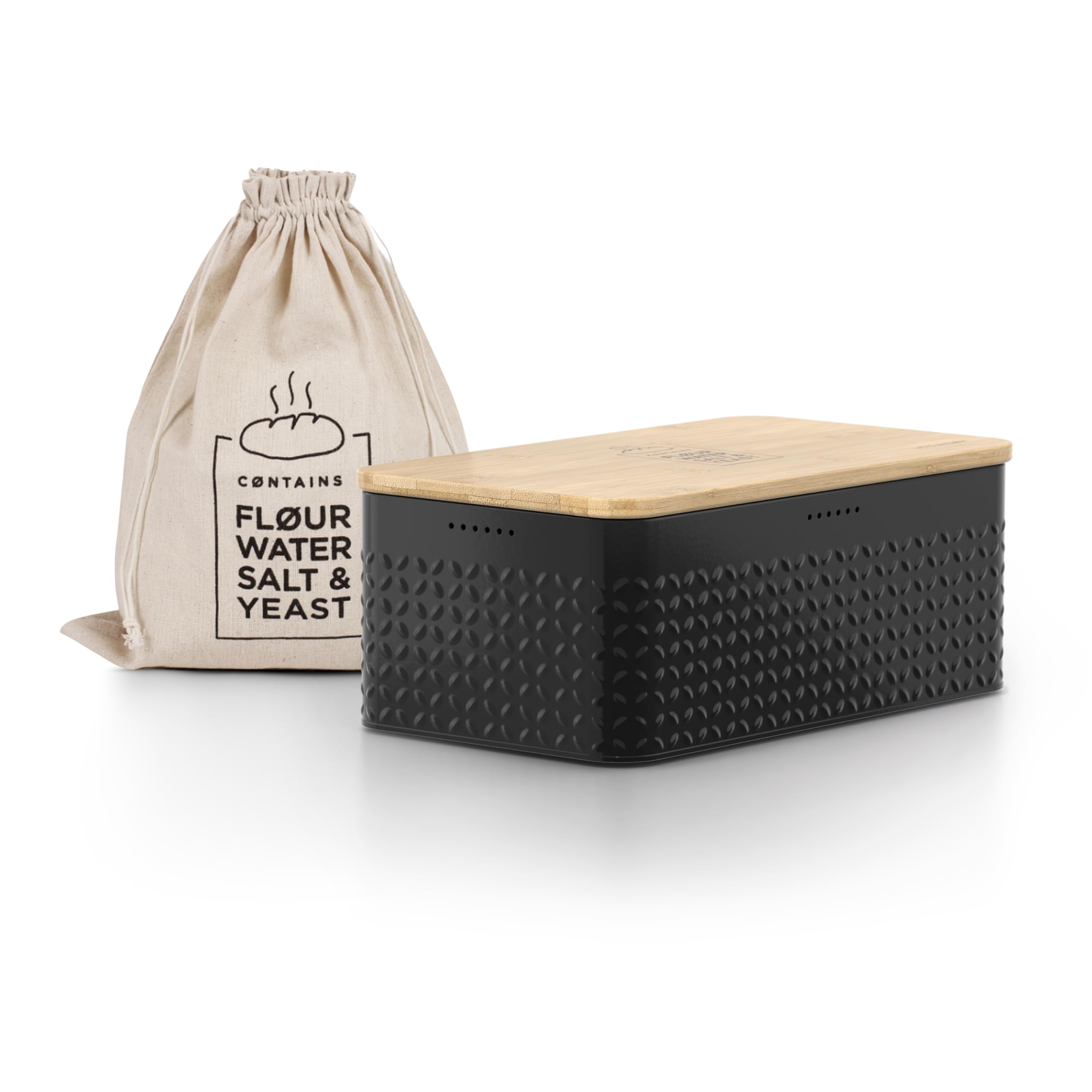 LARS NYSØM Bread Box - Metal with Bamboo Cutting Board Lid, 13.4x7.3x5.3In, Carbon Black, Long-lasting Freshness