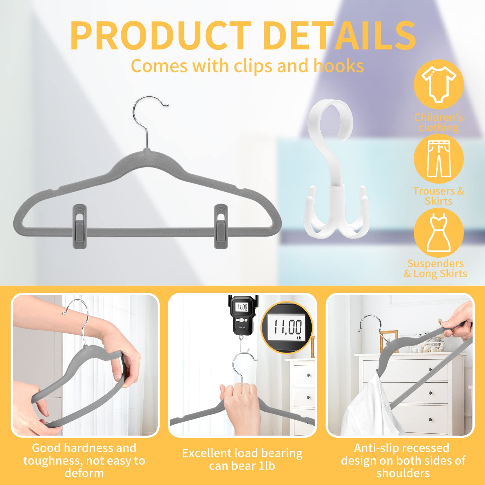 Tinfol 60 Pack Toddler Velvet Hangers, Gray Non-Slip Kids Hangers, Space Saving Felt Baby Hangers With 8 Velvet Hanger Clips And