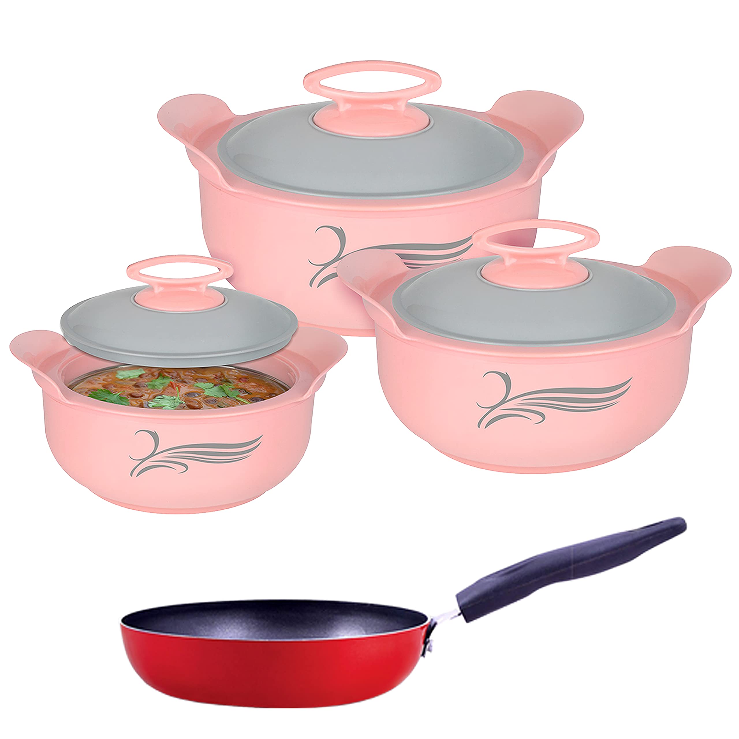 Nirlon Delight Inner Steel Casserole (800Ml, 1200Ml, 2000Ml) Pink With Non Stick Aluminium Tadka Pan 13Cm Combo Set