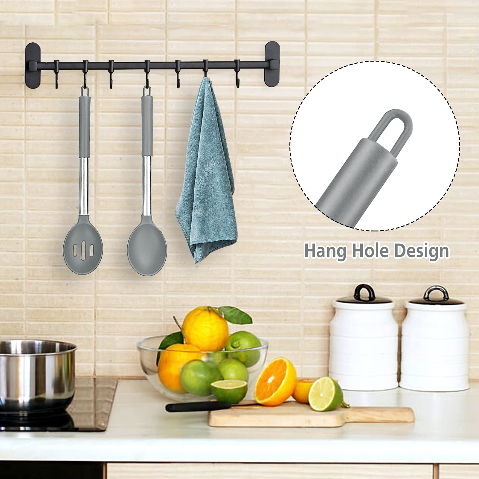 Pack Of 2 Large Silicone Cooking Spoons, Non-Stick Stainless Steel Slotted And Solid Spoon Set For Serving, Mixing, Draining, He