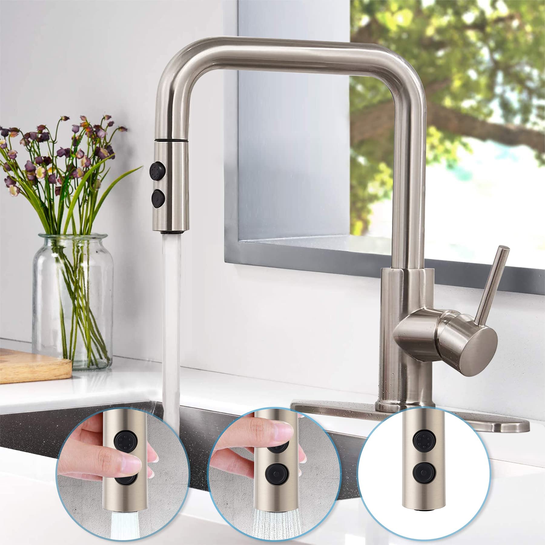 Hibbent Pull Out Sink Sprayer Head Replacement, 2 Function Kitchen Faucet Head, Bathroom Pull Down Spray Head With G1/2 Or 13/16