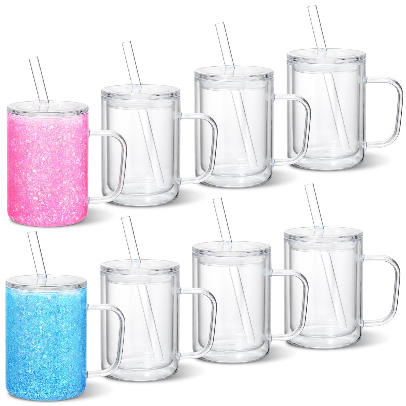 Micellwuu 15 Oz Acrylic Snow Globe Tumbler With Handle, 8 Pack PreDrilled Snowglobe Cups, Double Wall Plastic Snowglobe Tumbler