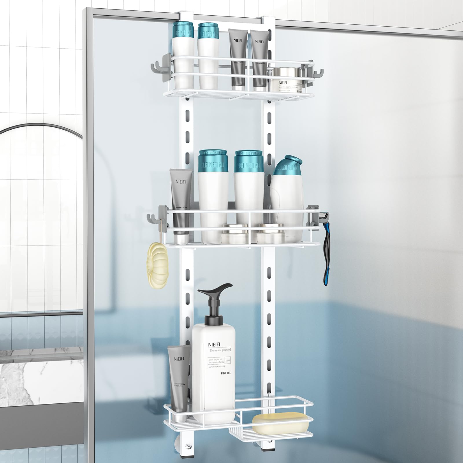 Nieifi Over the Door Shower Caddy, Adjustable 3 Tier Hanging Shower Organizer with Soap Holder Bathroom Shelves with Hooks, Whit
