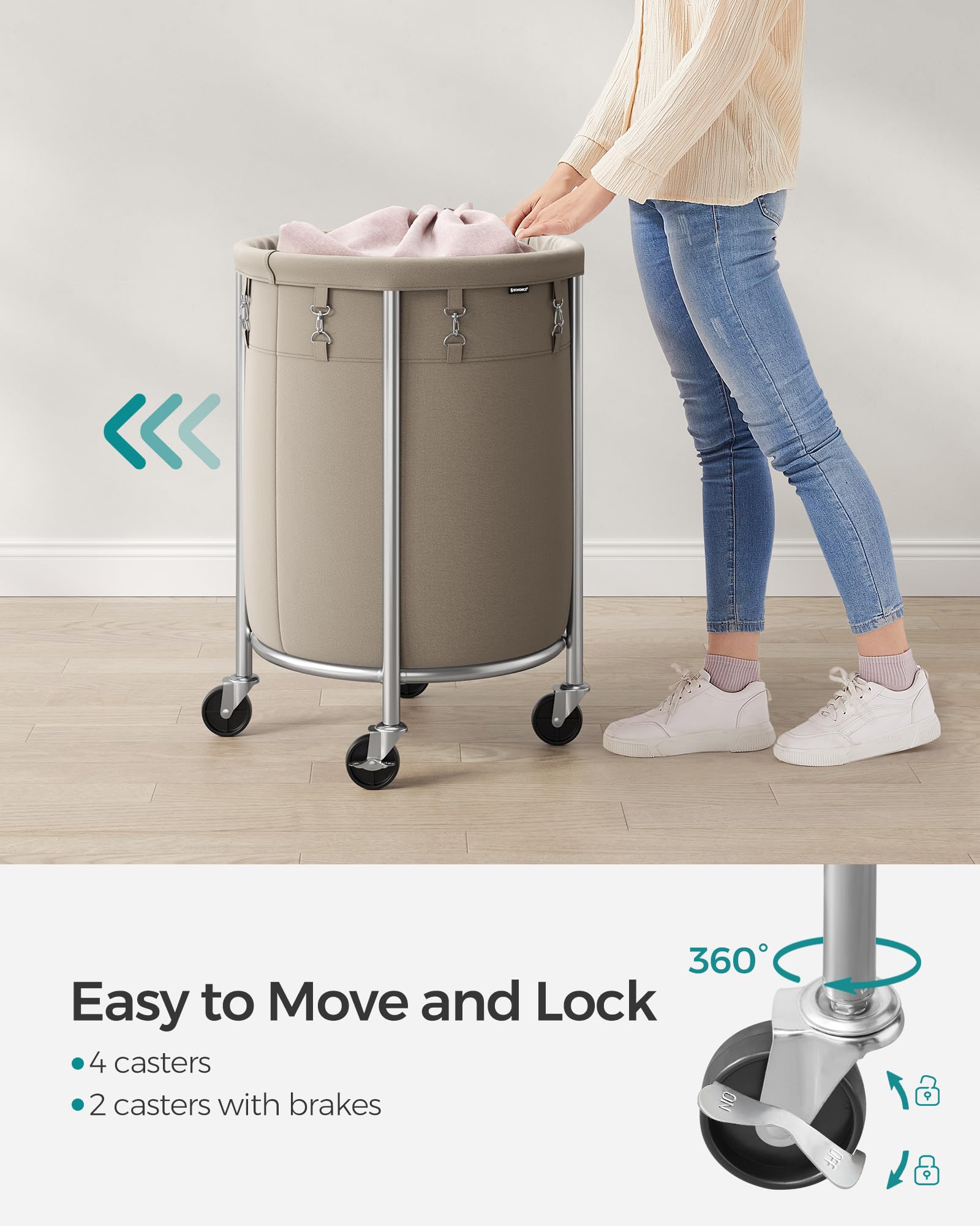 Songmics 50.2-Gallon (190 L) Laundry Basket With Wheels, Rolling Round Heavy-Duty Laundry Hamper Cart With Steel Frame And Remov