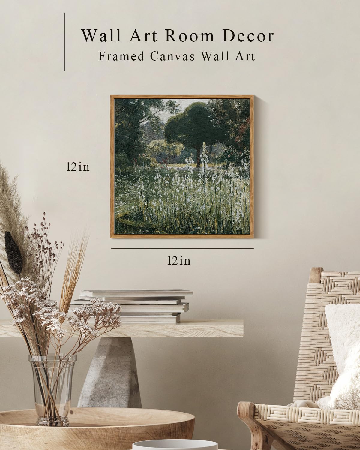 Insimsea Square Framed Canvas Wall Art, Meadow Prints Classical Landscape Floral Flowers Oil Painting, Scenery Home Wall Decor F