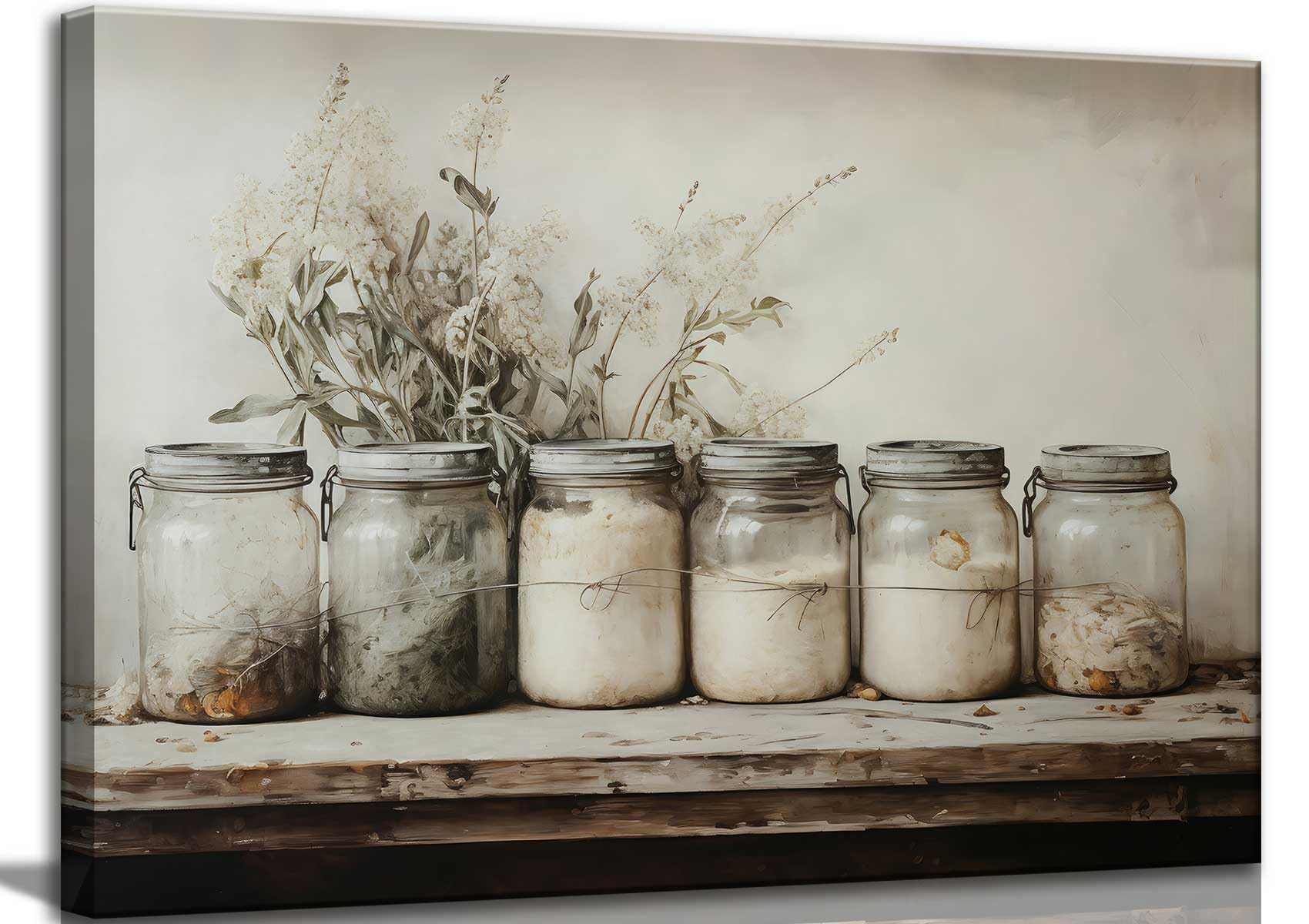 Farm Kitchen Canvas Wall Art Rustic Vintage Country Mason Jar Spice Still Life Culinary Art Painting Picture Farmhouse Wall Deco