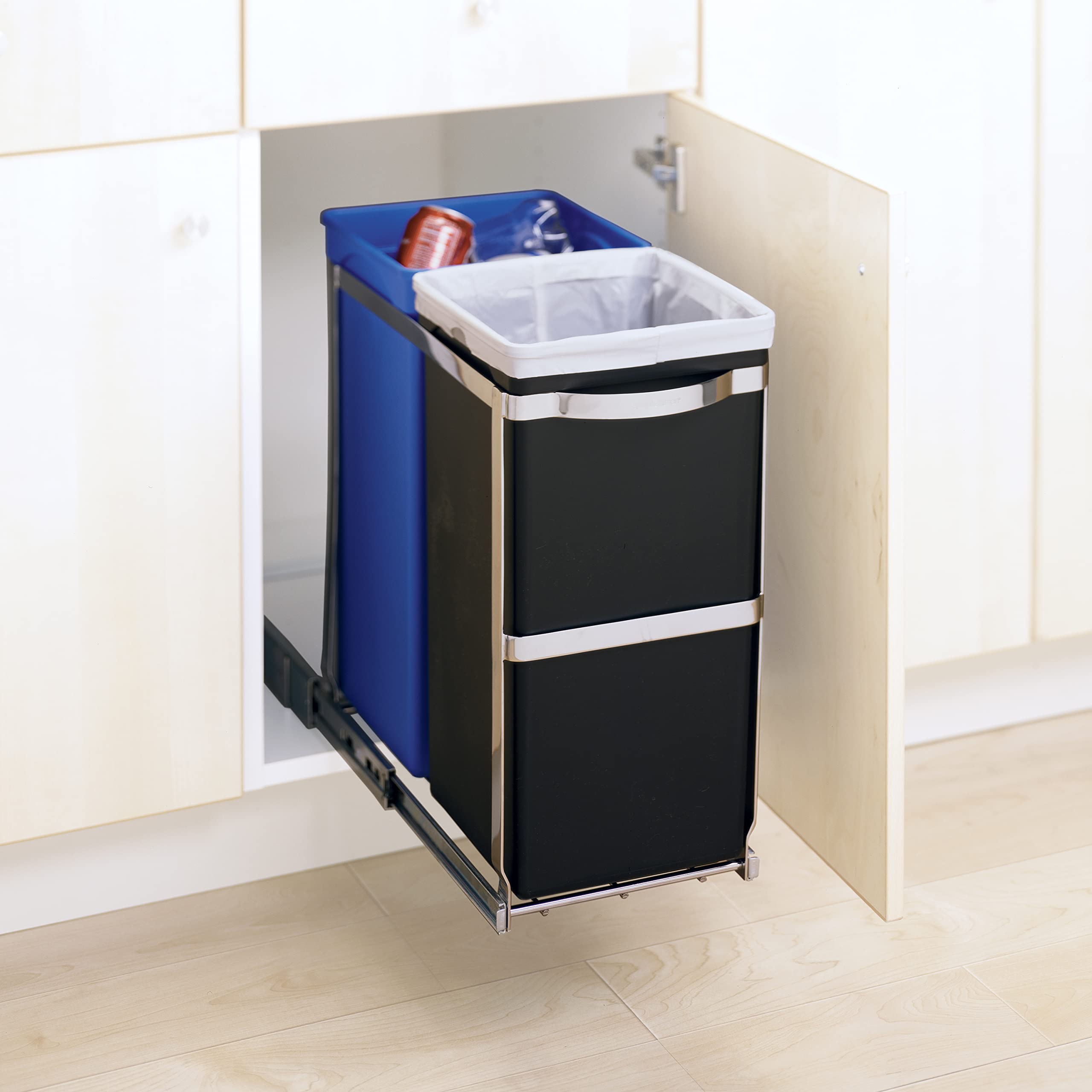 simplehuman Dual Compartment Pull-Out Recycling Bin & Trash Can, 35L, Chrome, Stainless Steel, Model CW1016