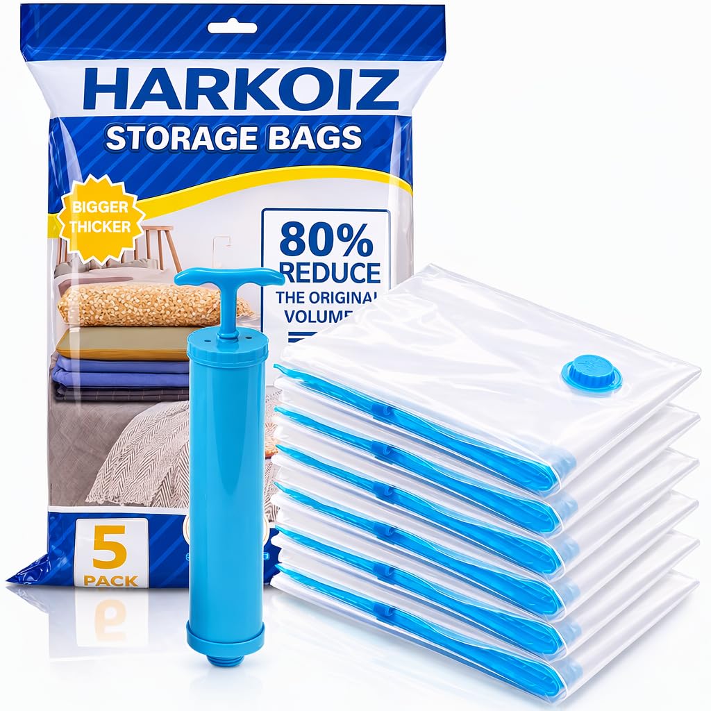 Vacuum Storage Bags For Clothes With Hand Pump, 5 Pack (1 Large, 2 Medium, 2 Small) Space Saver Vacuum Seal Compression Bags For