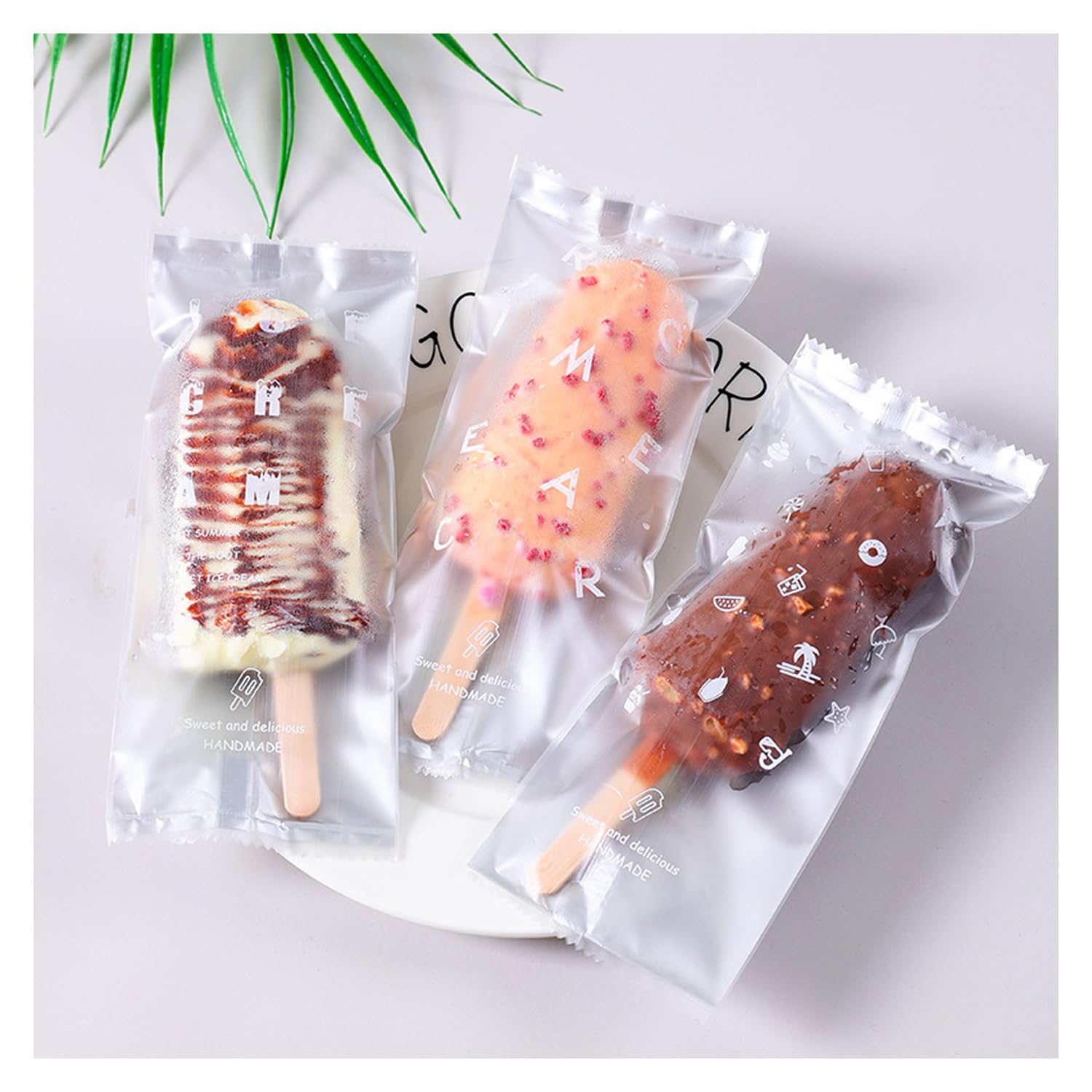 Popsicle Bags Ice Cream Bags 100 Pack -Clear Ice Pop Bags With Silver Bottom And Cool Words