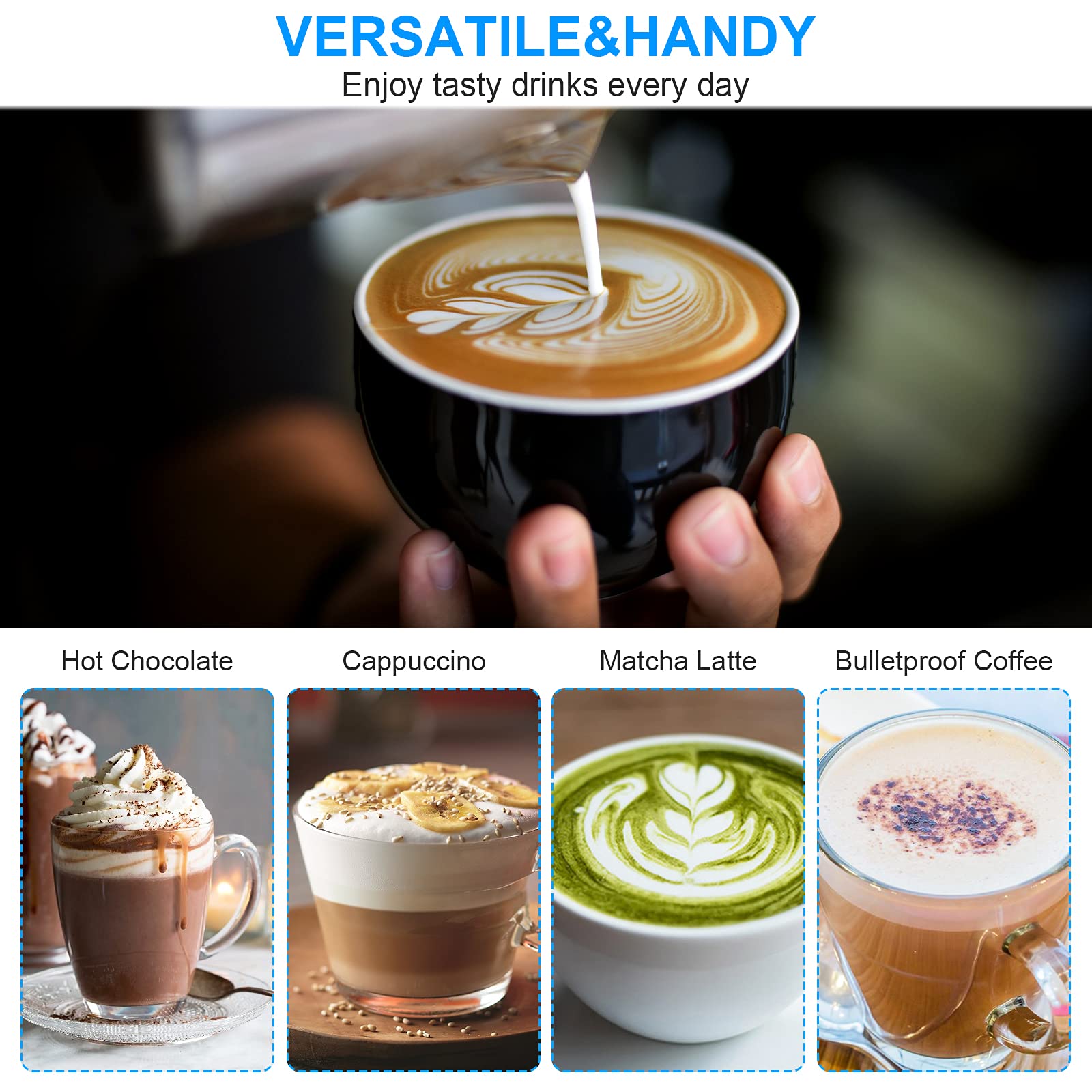 Wanderland Rechargeable Handheld Milk Frother-Coffee Mixer-Electric Coffee Frother Wand-Equipped With 2 Stainless Steel Egg Beat