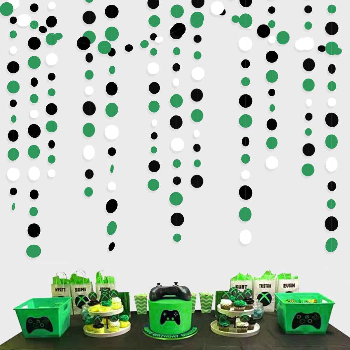 46 Ft Black Green Party Decorations Polka Dots Garlands Green And Black White Hanging Paper Circle Dots Streamer For Birthday Gr