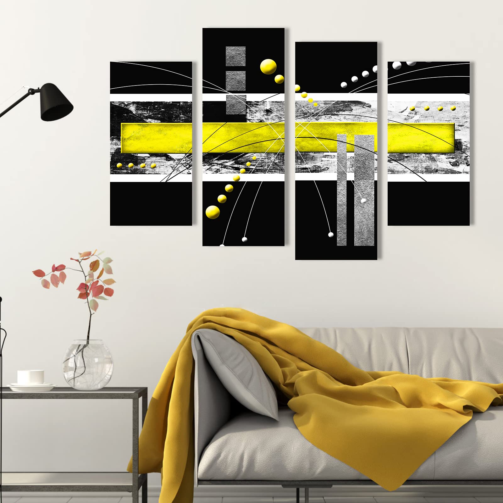 Large Black Yellow Canvas Wall Art - 4 Panels Modern Abstract Picture Set For Home Decoration - Contemporary Painting Artwork Re