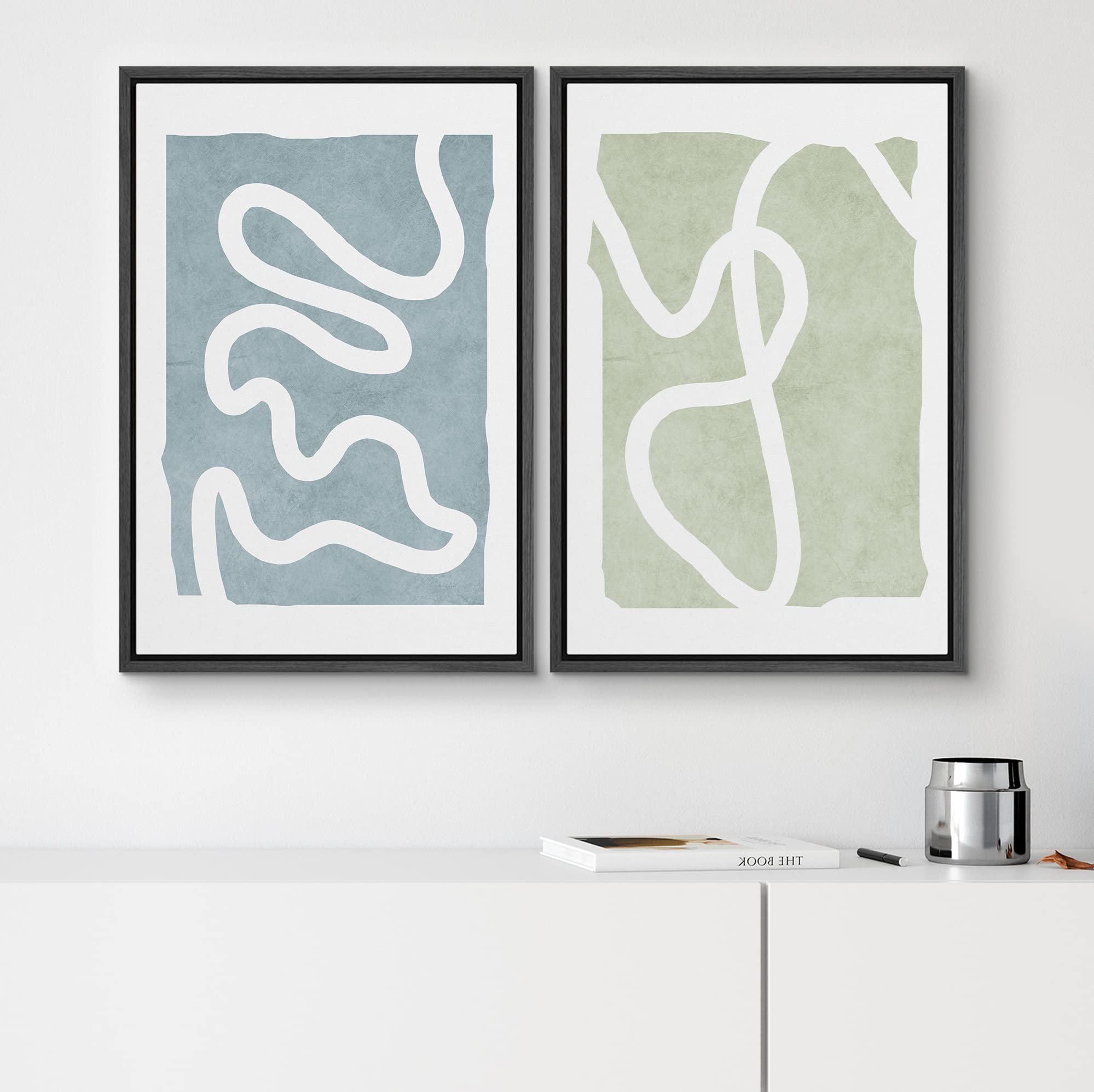 SIGNWIN Framed Wall Art Print Set White Lines Over Blue Green Background Abstract Swirly Digital Art Modern Art Mid-Century Modern Expressive for Living Room  Bedroom  Office - 24''x36''x2 Black