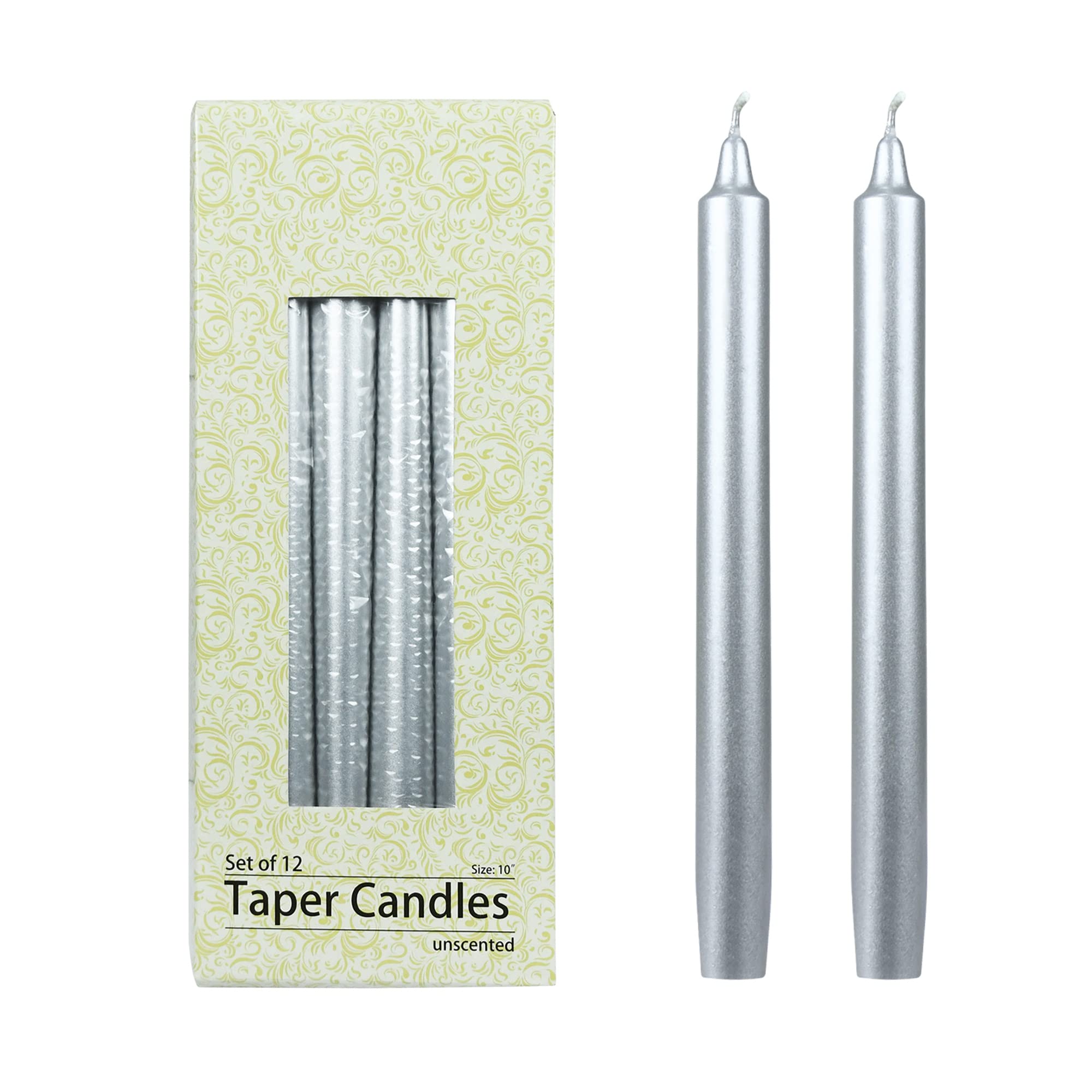 Zest Candle 12-Piece Taper Candles, 10-Inch, Metallic Silver Straight