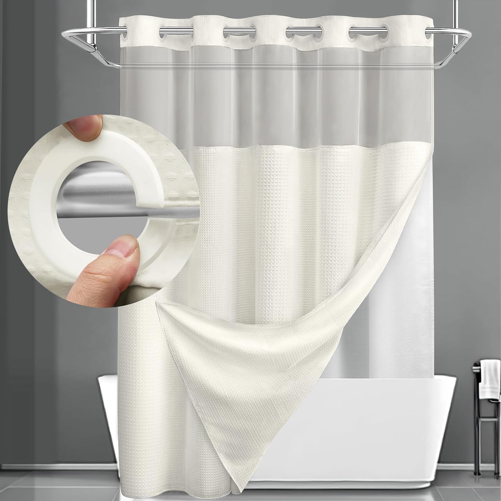 Yellyhommy No Hook Shower Curtain With Snap In Liner Set Less Waffle Shower Curtain For Bathroom (Cream, 81'' L X 72'' W)