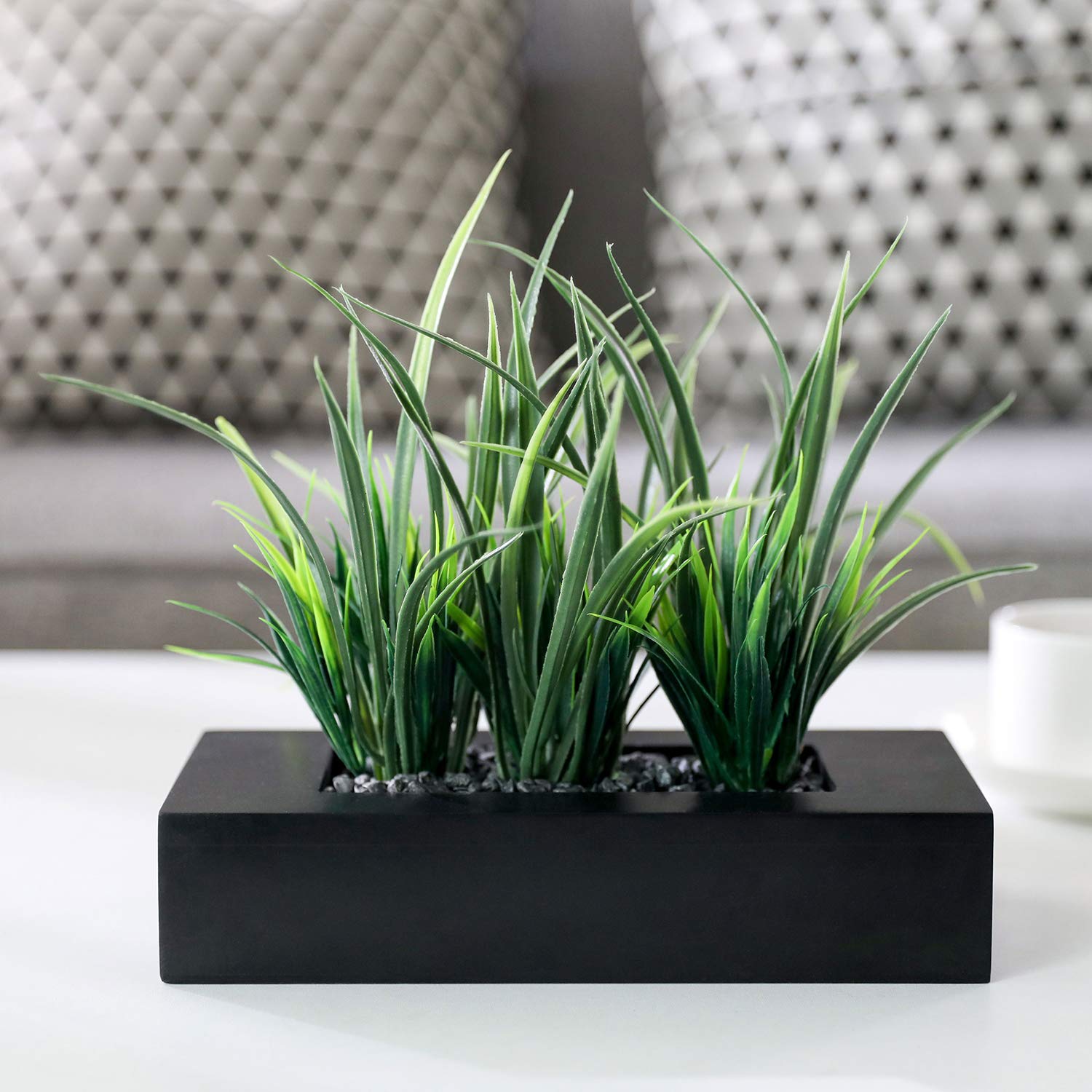 MyGift Artificial Green Grass Plants Potted in 9-inch Matte Black Wood Decorative Planter, Tabletop Faux Greenery in Wooden Rect