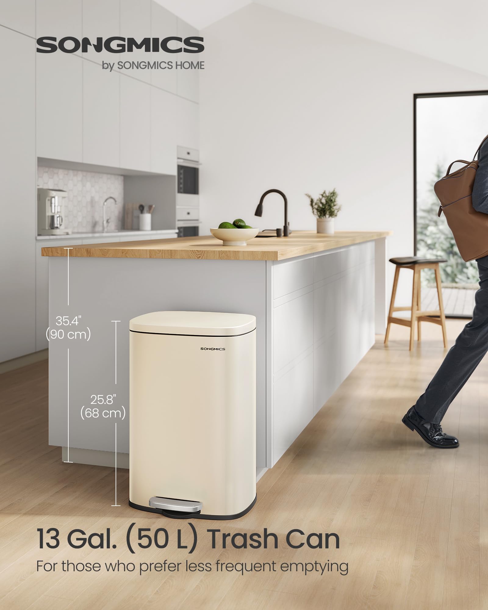 Songmics 13 Gallon (50 L) Trash Can, Stainless Steel Kitchen Garbage Can, Recycling Or Waste Bin, Soft Close, Step-On Pedal, Rem