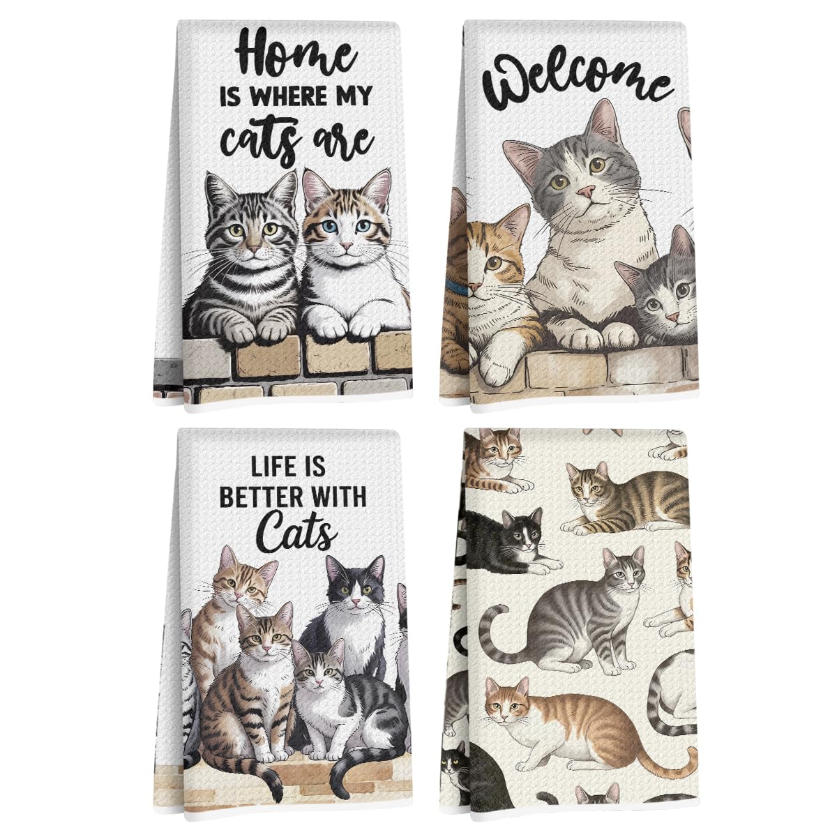 Jztco 4 Pcs Cute Cat Kitchen Towels 24x14 Inch, Cats Gifts Absorbent Hand Tea Towel, Microfiber Dish Cloths for Drying Dishes, W
