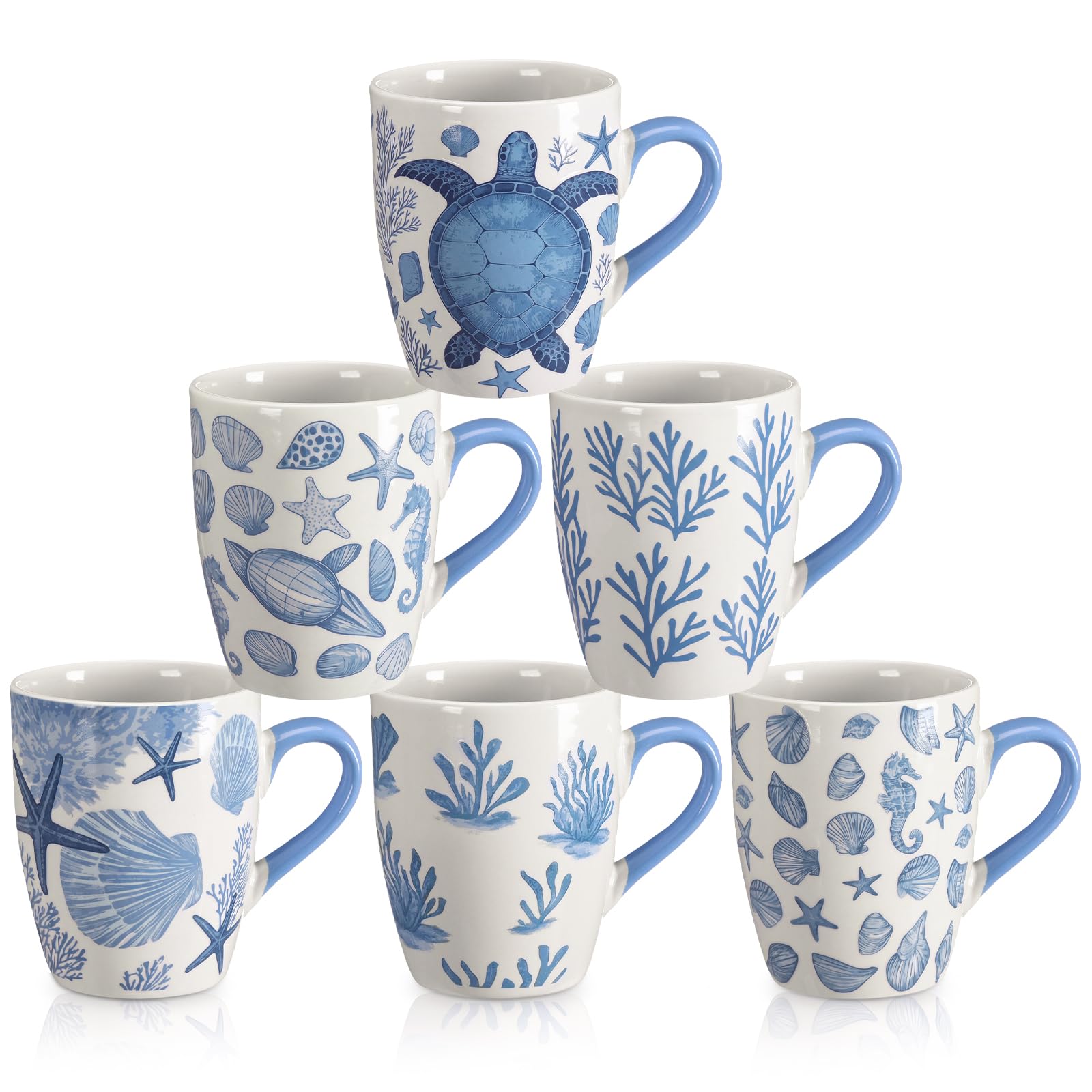 Qinyoung 6 Pcs Coastal Coffee Mugs Set 12oz Beach Ceramic Cups with Handle