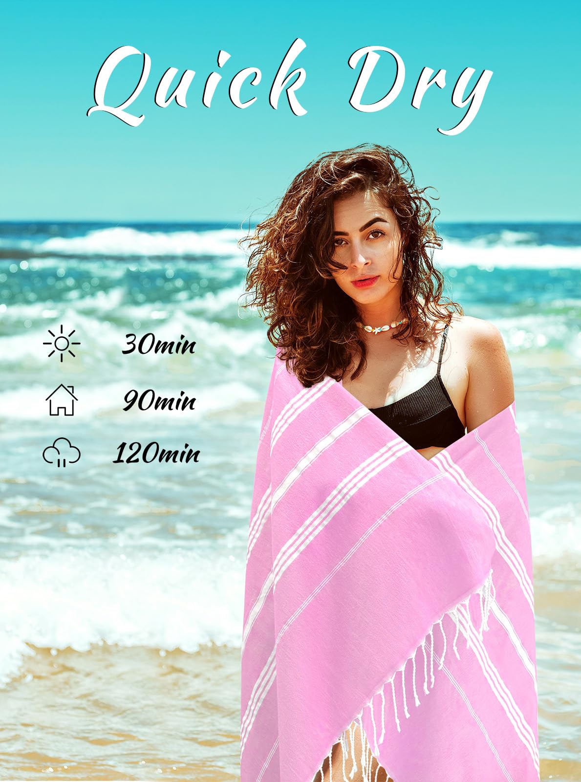 Cabanana Cotton Turkish Beach Towel - Large 39 X 71 Inch Lightweight Oversized Peshtemal Towel, Prewashed Hammam Towel (Light Pi