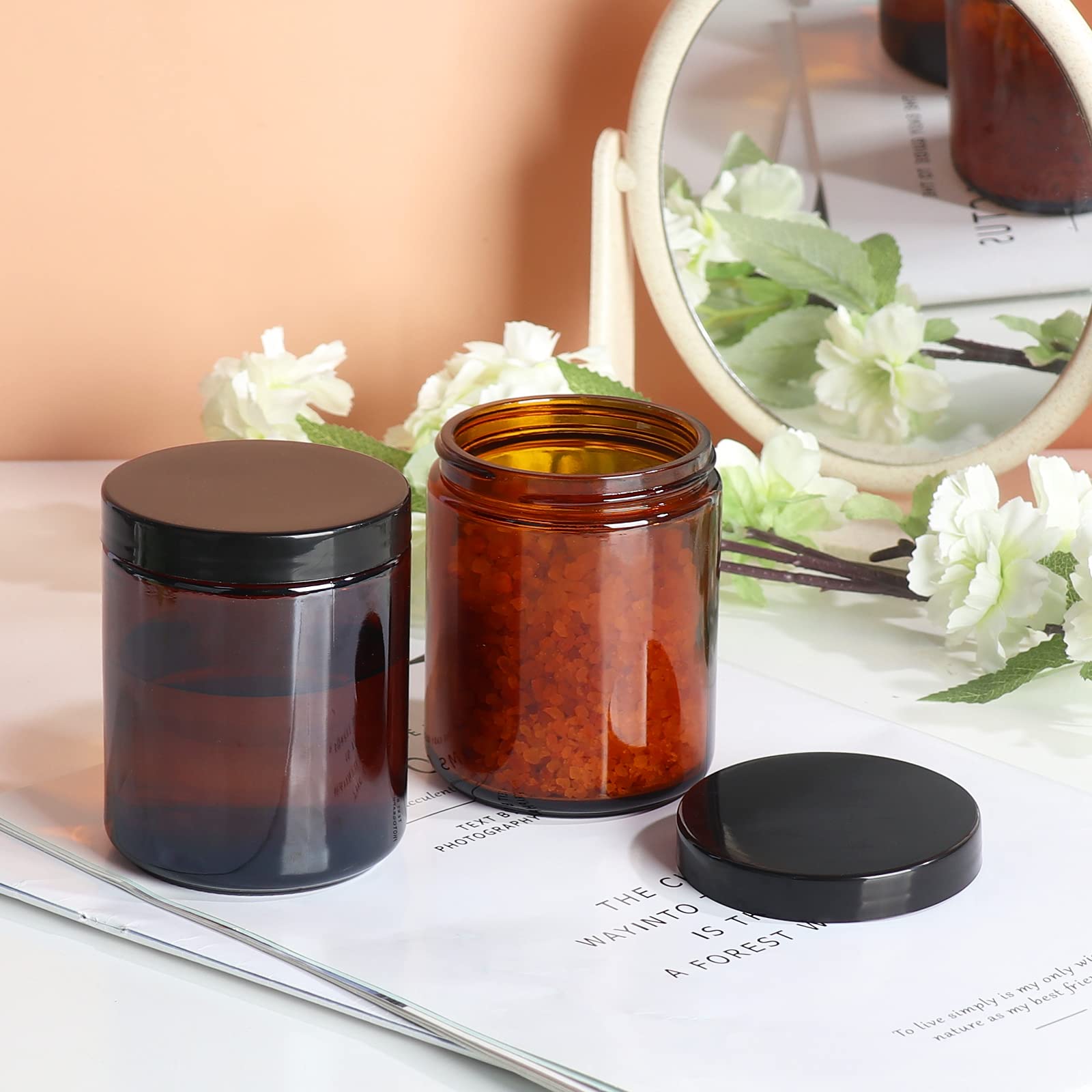 Ekkovla 24 Pack 8 Oz Amber Round Glass Jars With 24 Black Lids, Candle Making Jar, Empty Refillable Cosmetic Containers For Loti