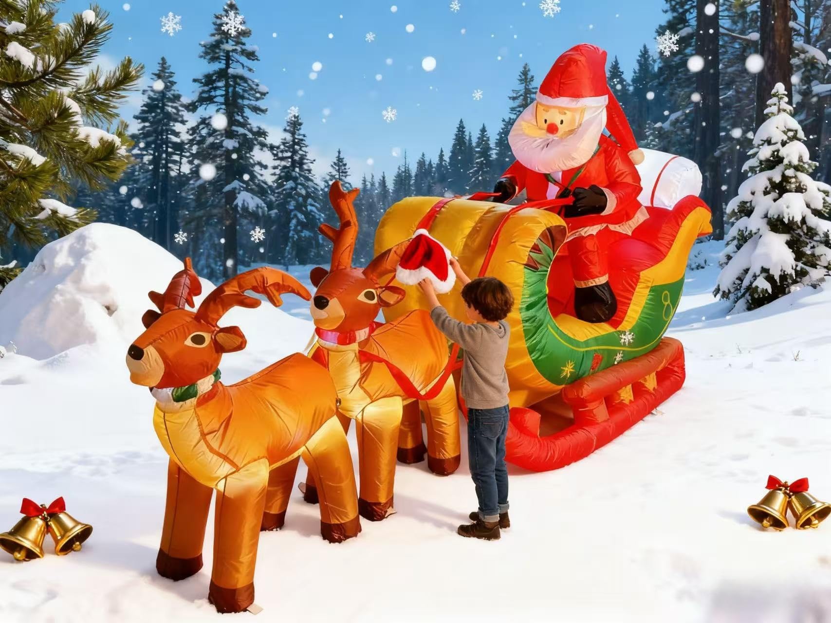 8 FT Christmas Inflatables Santa Claus in Sleigh with Two Reindeer Outdoor Decorations Blow Up Yard Santa Claus with Built-in LE