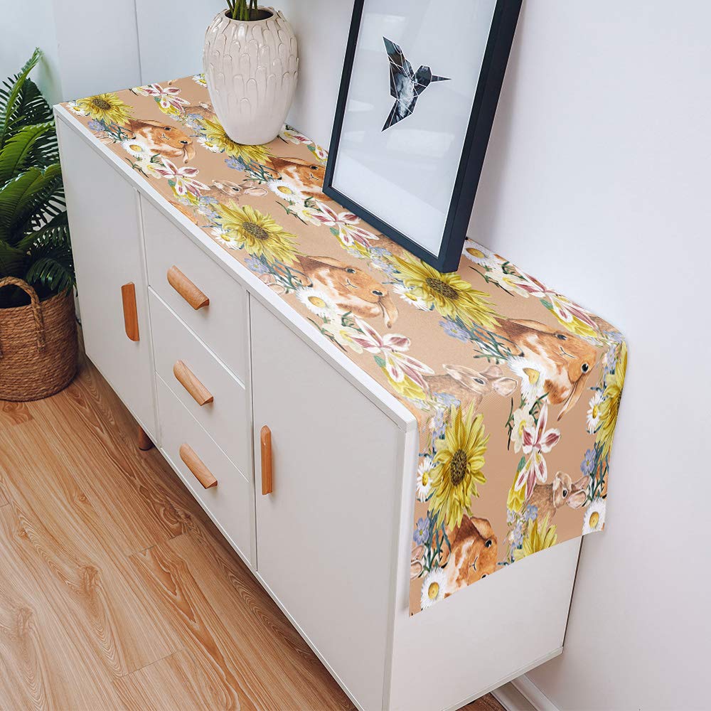 Easter Table Runner Cute Bunny Cotton Linen Dresser Scarves Sunflower Floral Watercolor Non-Slip Runner Rectangle Kitchen Tablec
