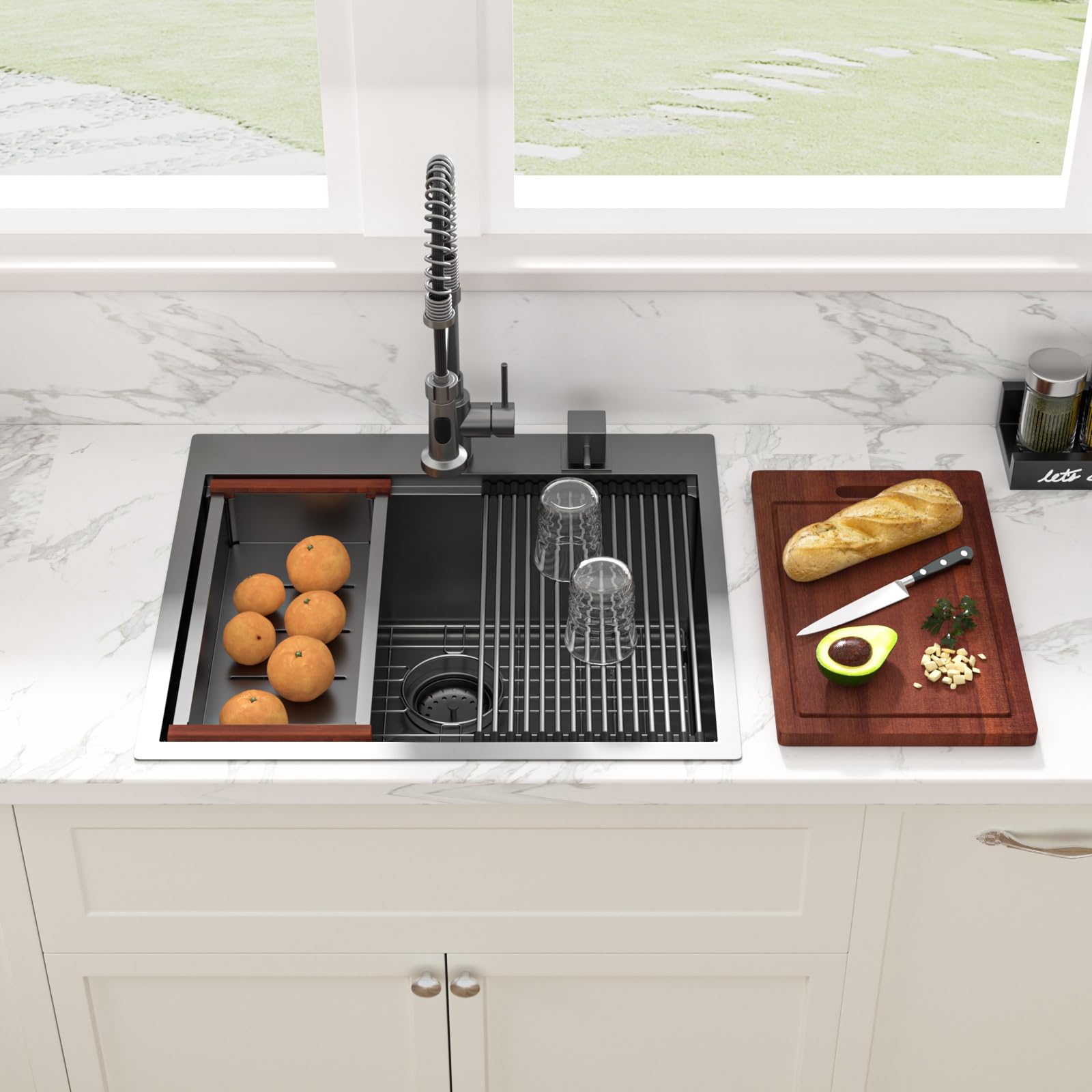 Sarlai 25 X 22 Inch Topmount Ledge Workstation Gunmetal Black Stainless Steel 16 Gauge Single Bowl Over Counter Utility Laundry