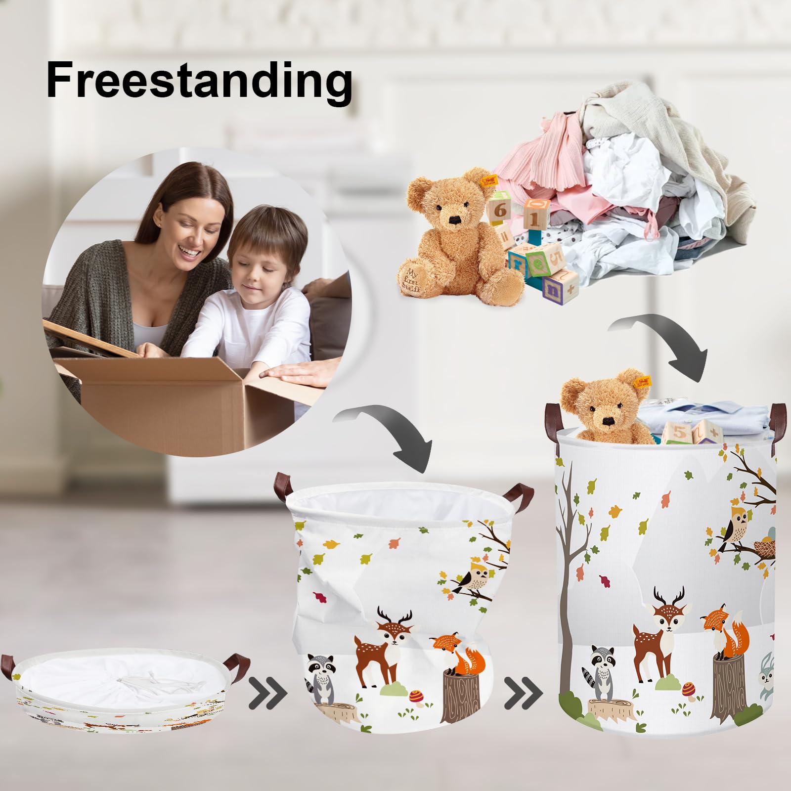 Clastyle 45L Woodland Animals Laundry Basket Collapsible Waterproof Forest Fox Storage Basket With Handle Kids Room Jungle Deer