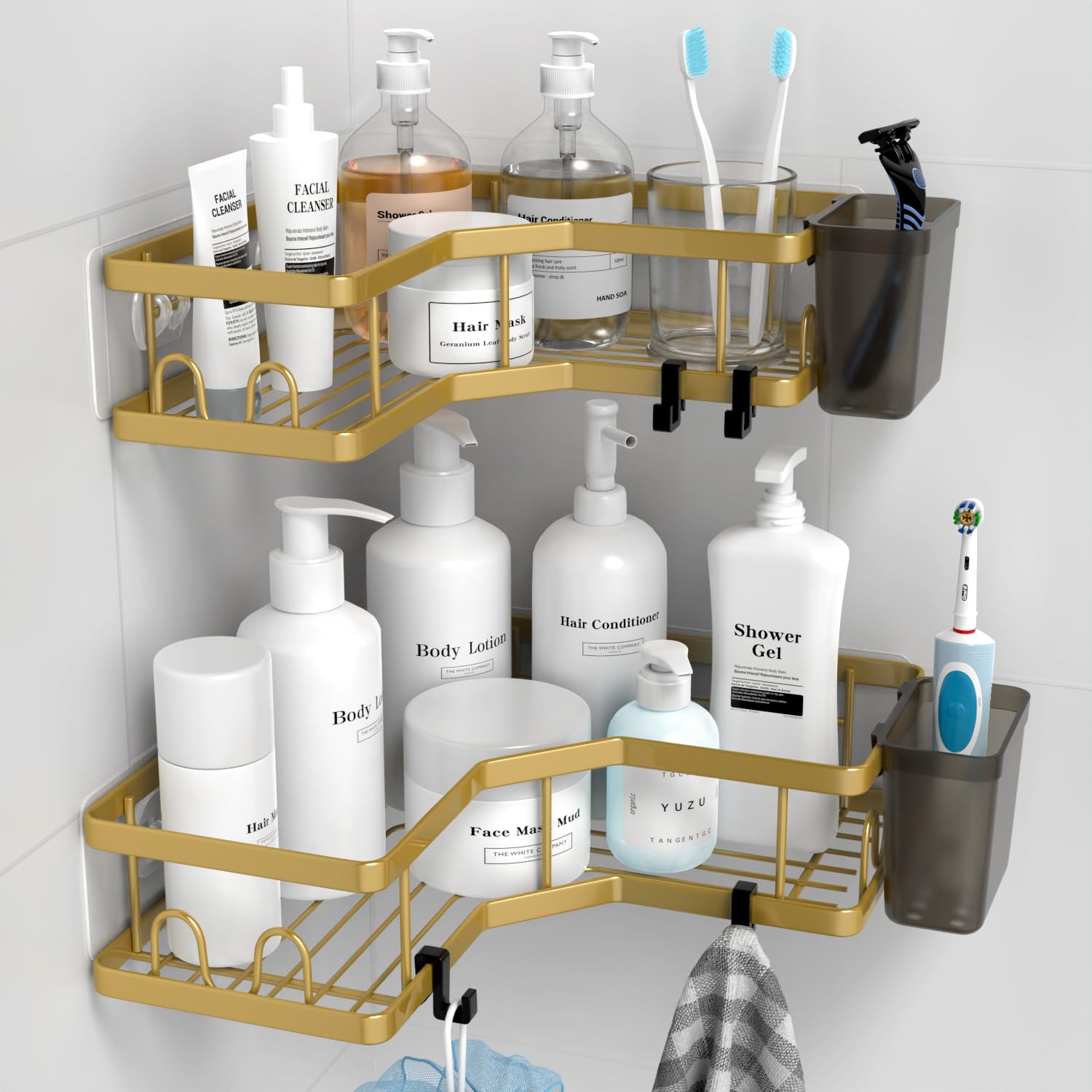 Corner Shower Caddy Organizer Shelf: 2Pack Adhesive Shower Rack, No Drilling Stainless Steel Shower Storage Shelves with Hooks&T