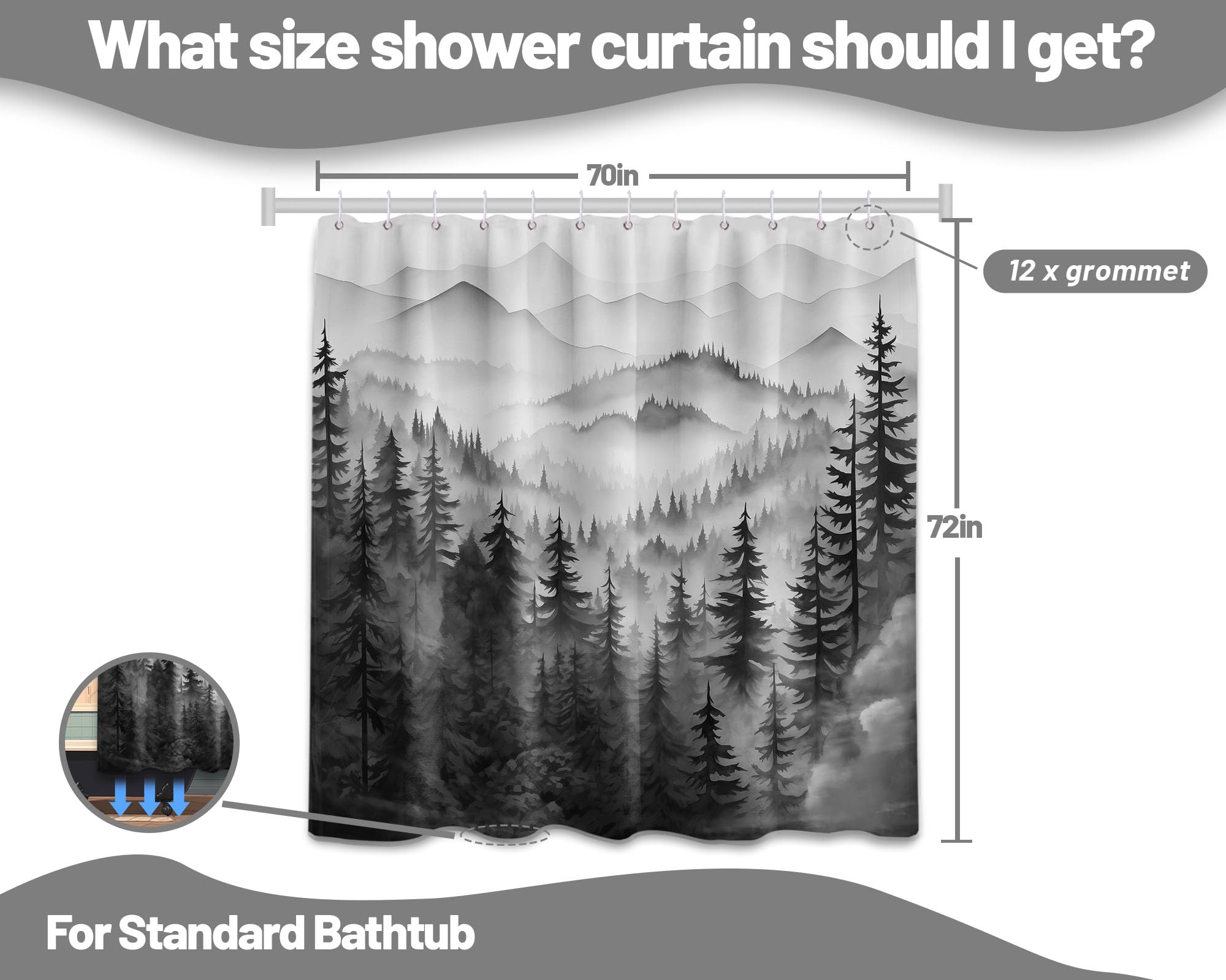 Qghot Mountain Shower Curtain Forest, Black And White Nature Shower Curtains For Mens Bathroom Decor Grey Rustic Woodland Pine T