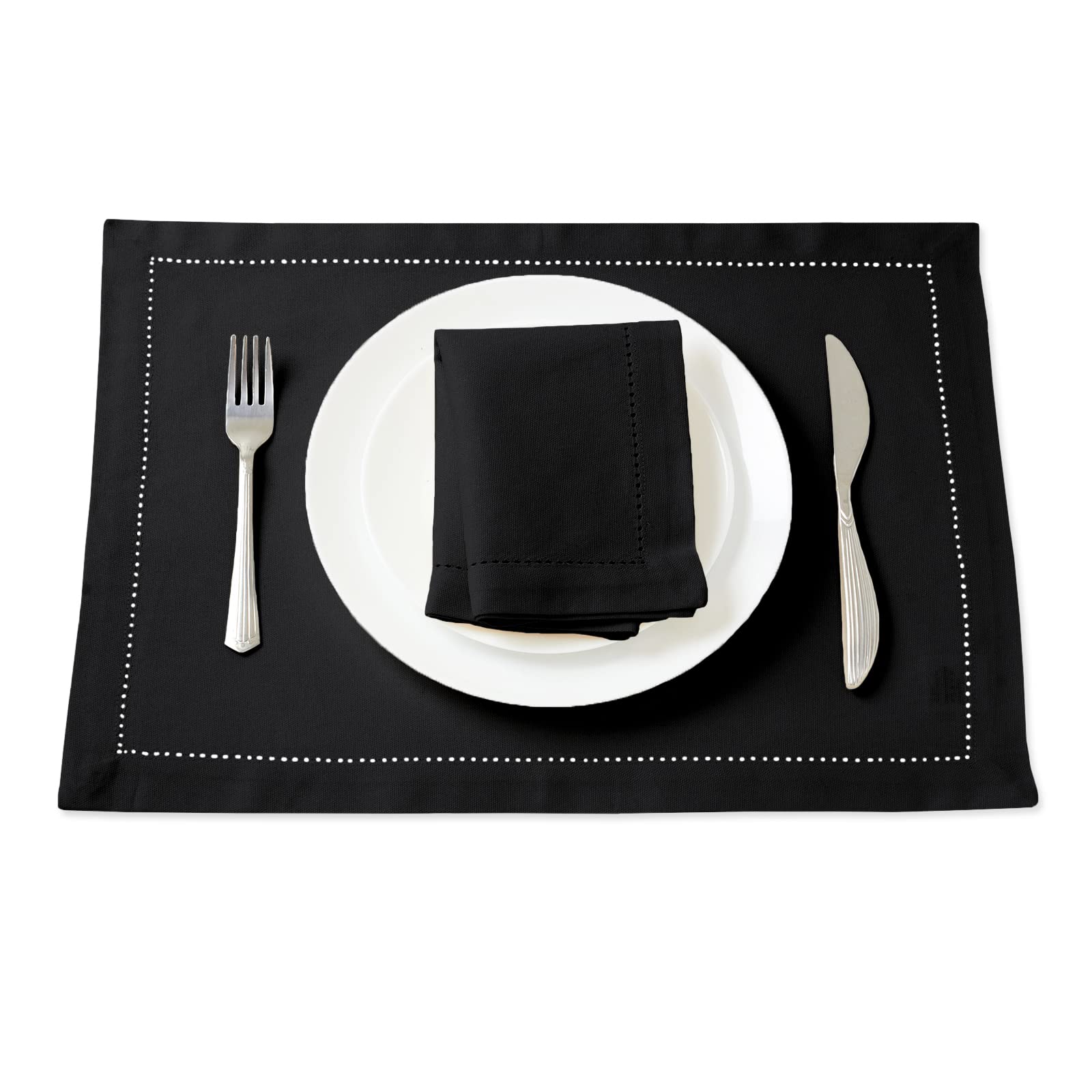 Encasa Xo Placemats Set Of 4 | Pure Cotton Hemstitched Design | Black | Rectangular 19''X13'' - Dining Table Mat | Machine Washa