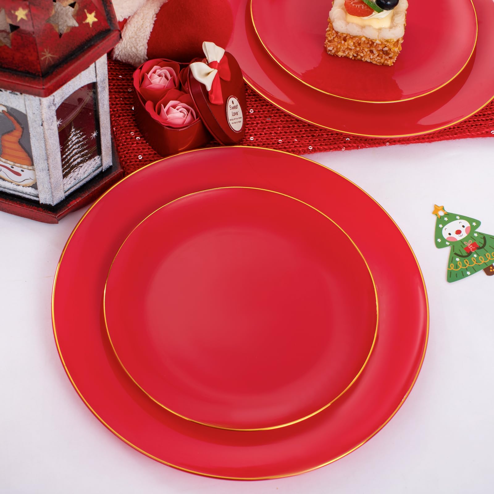 Pulote 100Pcs Red Plastic Plates - Heavy Duty Red Plates Disposable - Red Disposable Plates Include 50Pcs Red Dinner Plates 10.2