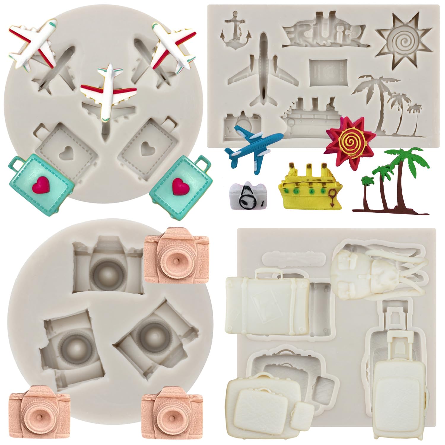 Mypracs Airplane Silicone Mold Travel Luggage Bag Fondant Mold Vacation Traveler Themed Mold Camera Cruise Mold For Sugar Cake D