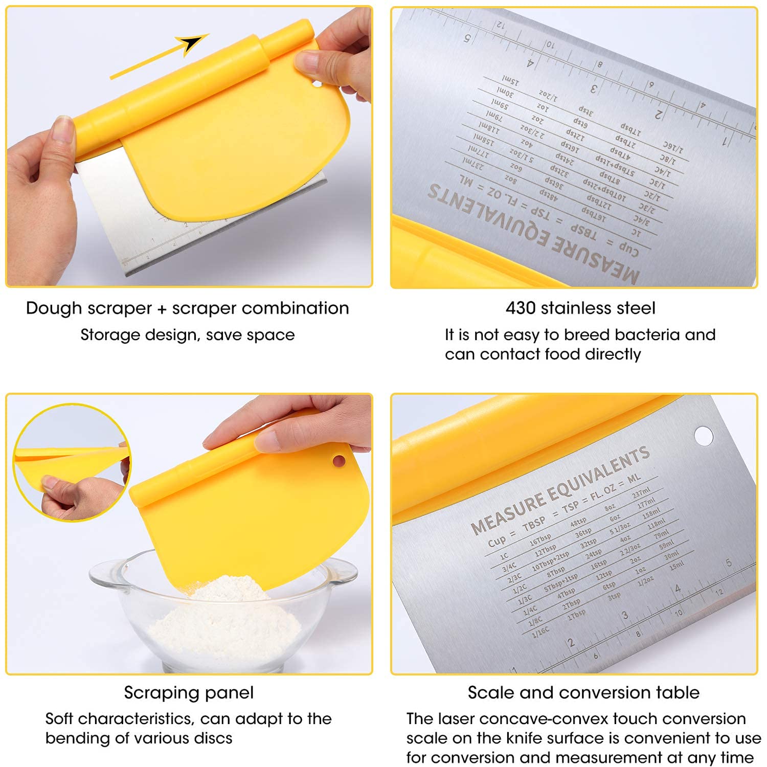 Suanyok Bench Scraper-Stainless Steel Dough Scraper and Food Safe Flexible Plastic Bowl Scraper 4-Piece Set-Bread/Pastry/Pizza Cutter  Multifunctional 2-in-1 Baking Tools With Measurement Marks