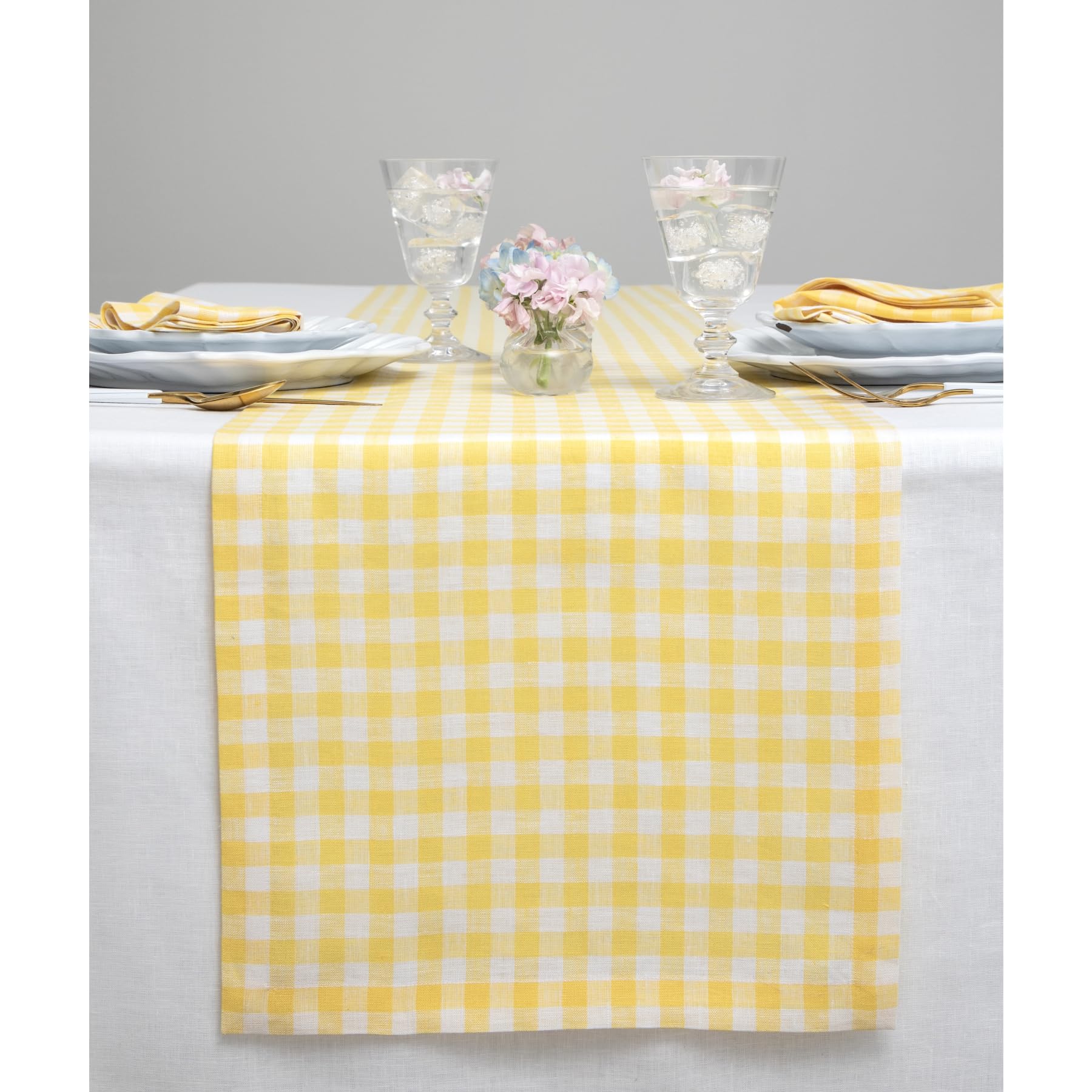 Solino Home Linen Gingham Table Runner 48 Inches - 100% Pure Linen Marigold Yellow Checkered Table Runner 14 x 48 Inch Ideal for